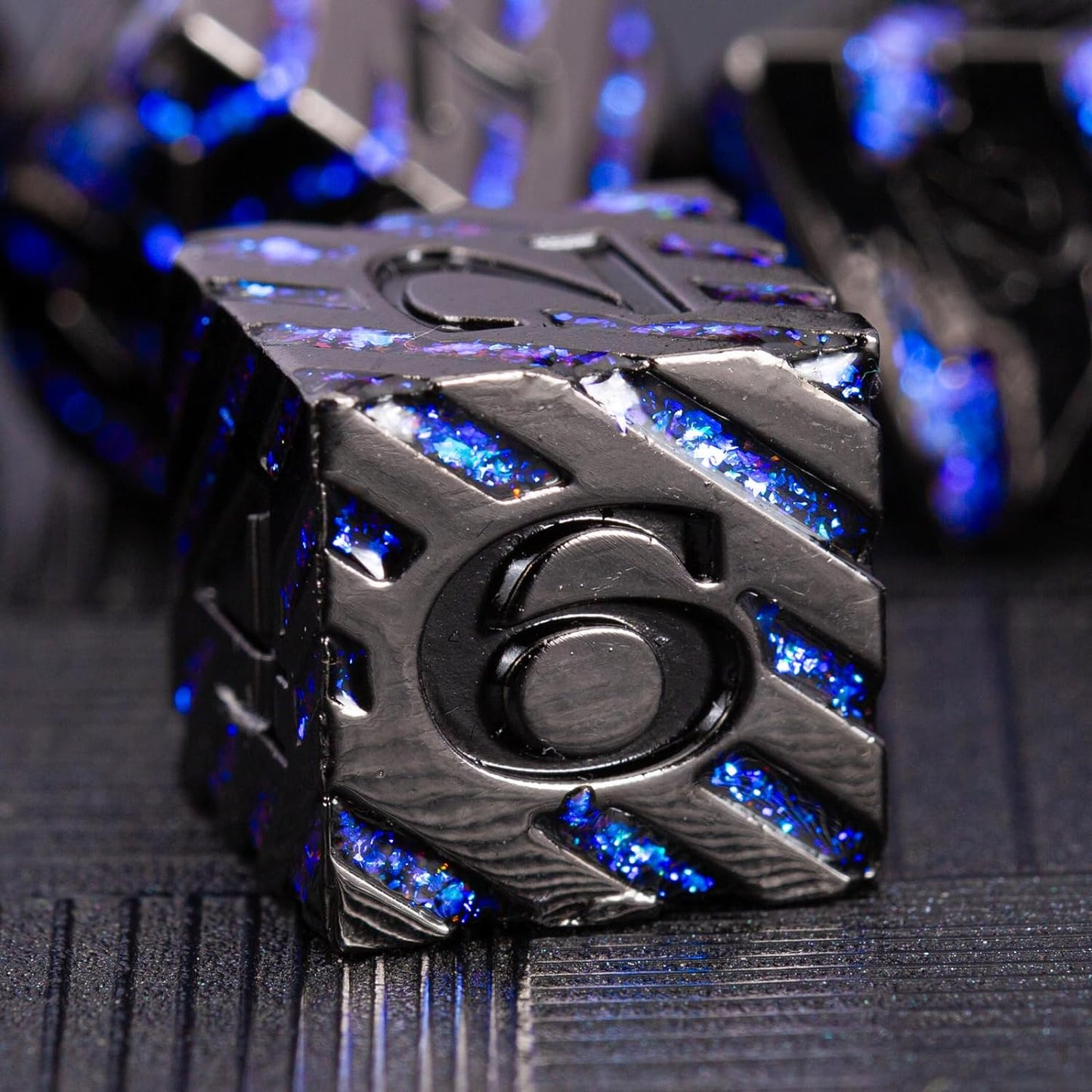 Metallic Glitter Stripes D&D Dice Set,7 PCS Polyhedral Dice with Gift,RPG Metal Dice Set Dungeons and Dragons Tabletop Game (Black Nickel Sapphire Blue)