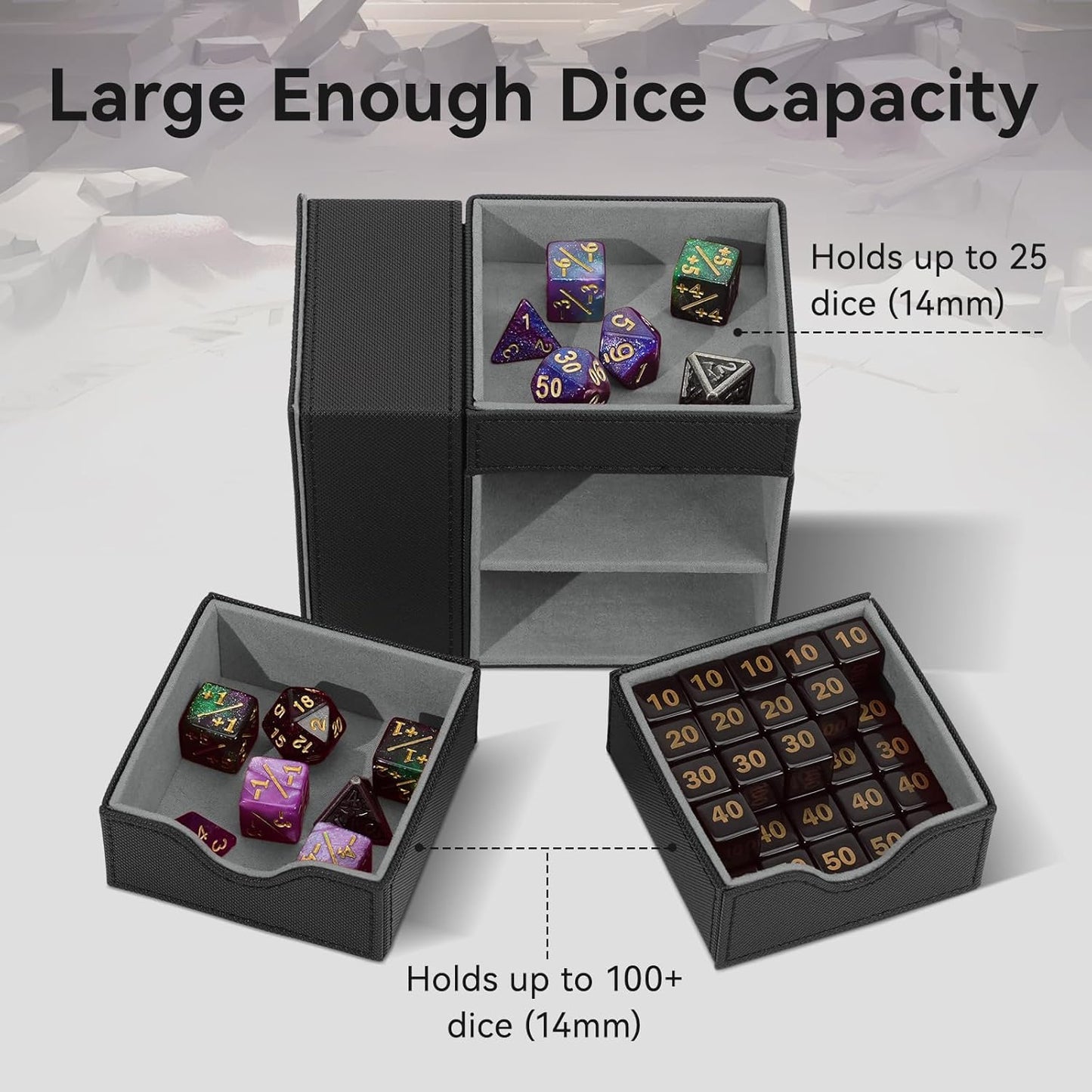 Dice Tray & Dice Tower Storage Box, 3 in 1 Dice Holder Case (Dice Rolling Tray, Dice Rolling Tower, Dice Storage Drawers), Leather Magnetic Closure DND Accessories Gifts for RPG MTG, Black/Grey