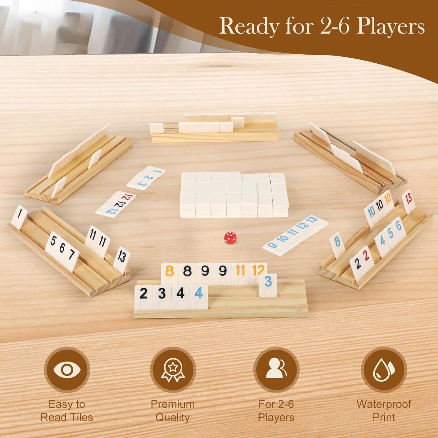 Upgraded 2-6 Players Rummy Game with 6 Wooden Racks, 160 Melamine Tiles, Drawstring Bag, Premium Portable Case, Tile Board Games for Adults & Kids Age 8+, Birthday Gifts for Women Men Dad Mom