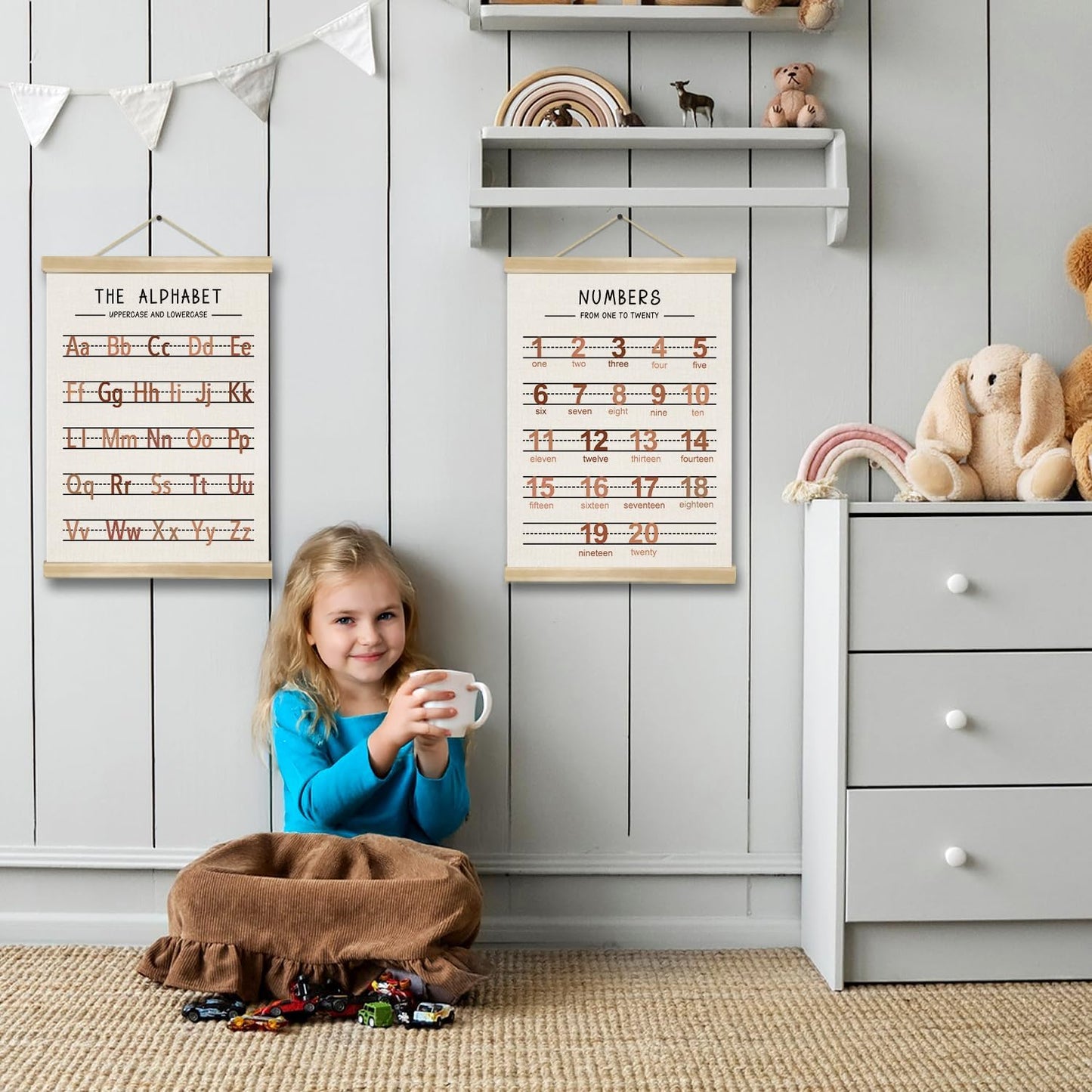 Alphabet and Numbers Wall Chart Set of 2 ,Kids Educational Posters,ABC and 1-20 Number Learning Banners for Toddlers, Preschool Classroom, Homeschool, Nursery, Playroom Decor 14 x 18.5 Inch (Brown)