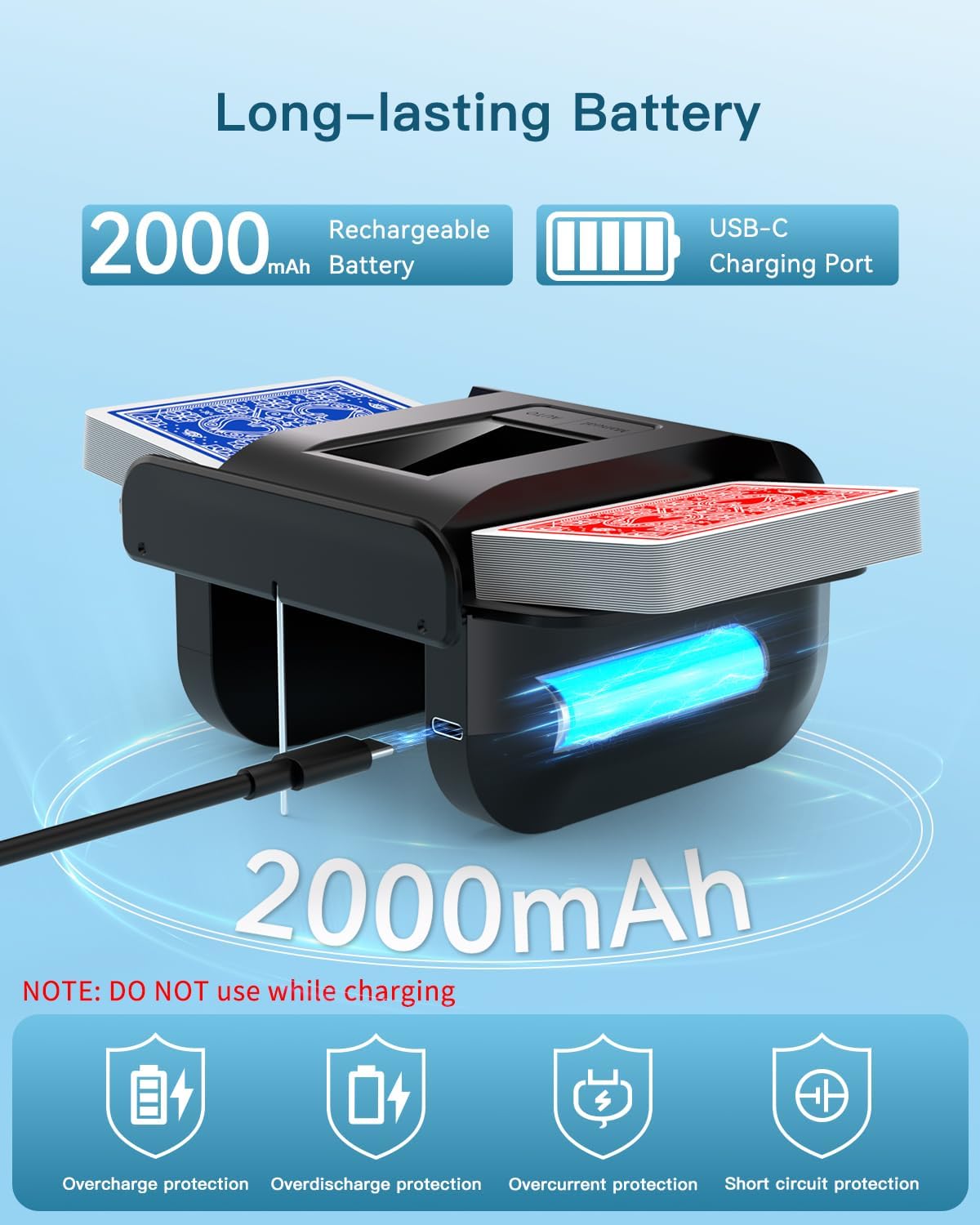 Automatic Card Shuffler, Rechargeable Cards Shuffler Machine with AUTO & Manual Mode, 1-2 Decks Low Noise Electric Shuffling Machine for Poker, UNO, Texas, Blackjack, Skip-Bo, Bridge, Phase 10