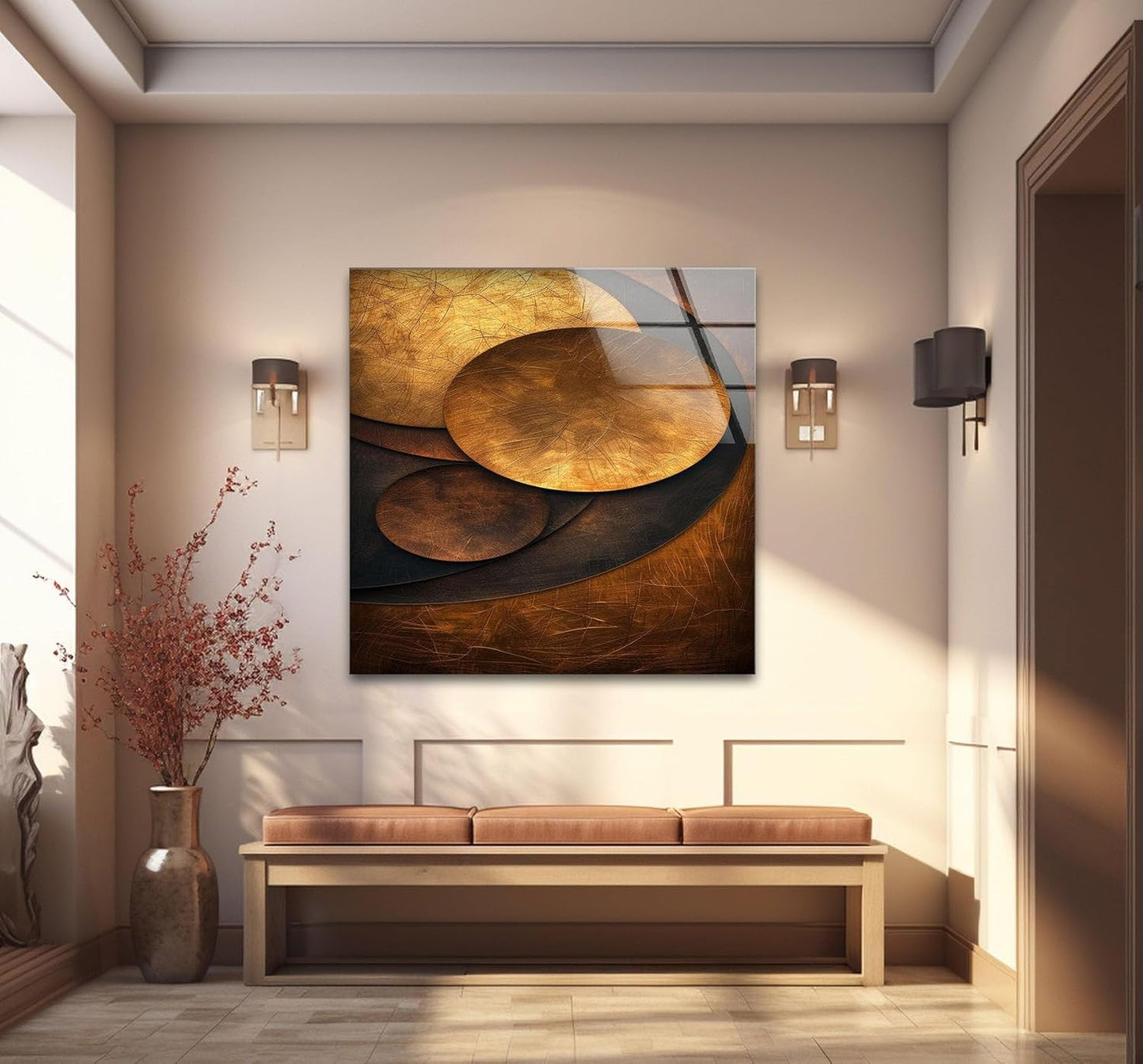 My Photostation.com 30Wx35.5H'' Bronze Art Deco Geometric Motifs Glass Wall Art Tempered Glass Printing Wall Decor Large Wall Art Wall Hangings