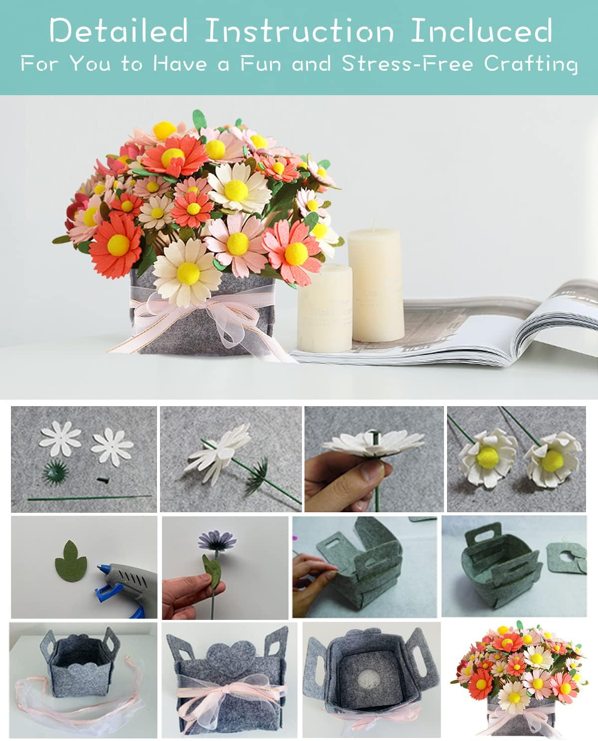 DIY Felt Flower Art Craft Kit, Daisy Bouquet Kit, Floral Gifts, Beginner Craft Kit, Arrange Pre-Cut Flowers and Foliage