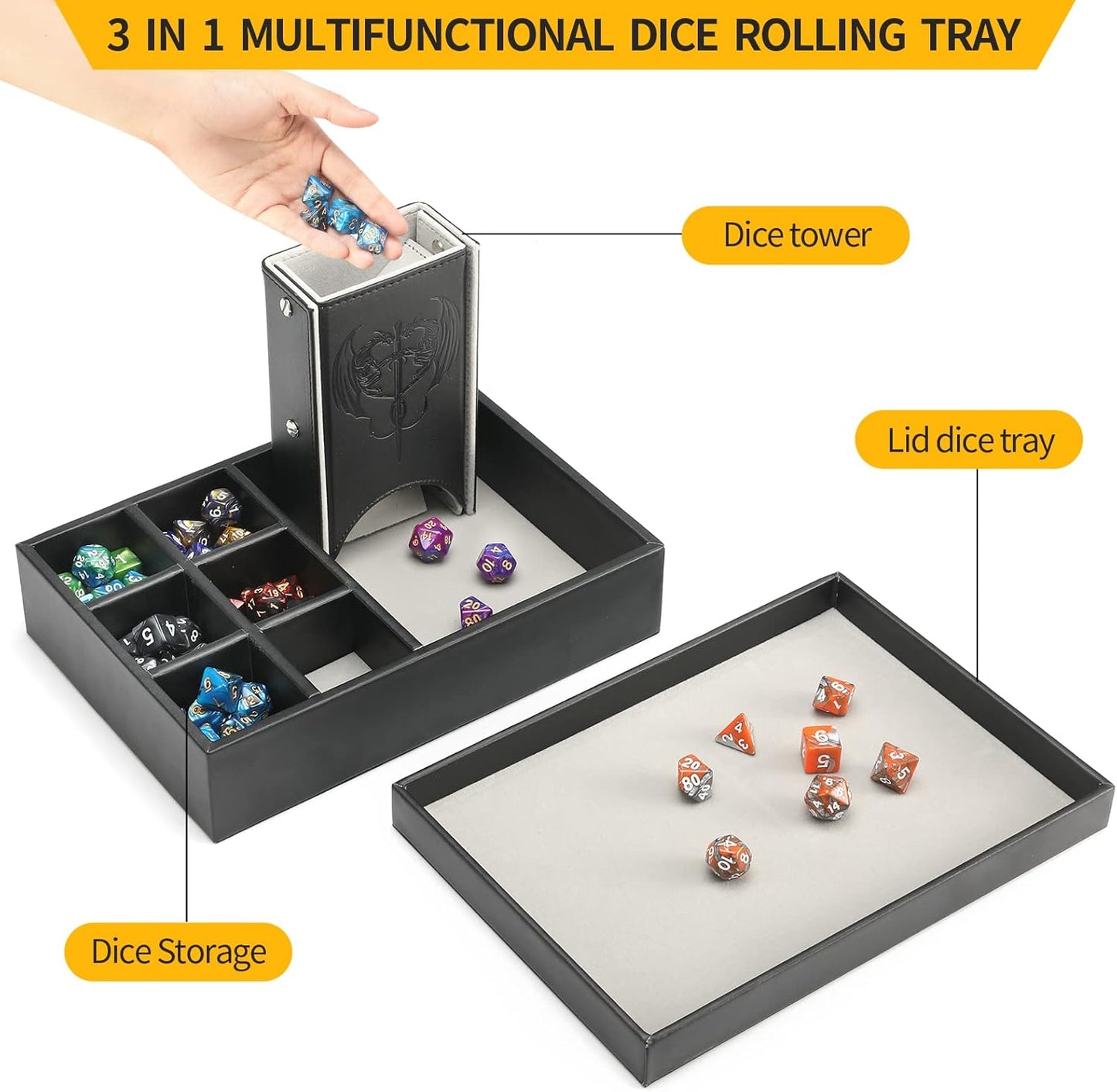 3 in 1 Dice Tray with Lid and Storage Tower, Portable Dice Box Holder for D&D RPG MTG Table Games - Gray