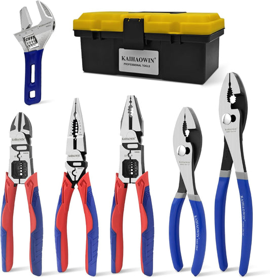 KAIHAOWIN 6-Piece Tool Set with Case, 8.8” Long Nose, 8.8” Linesman, 8” Diagonal, 6“ Adjustable Wrench, 8”&10” Slip Joint Pliers for Repairing & Home Use
