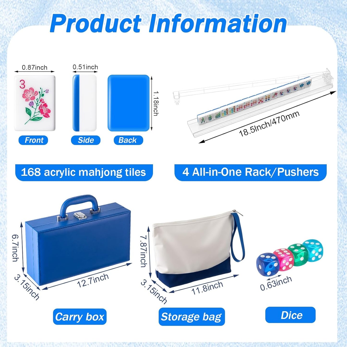 American Mahjong Set 168 Blossom Acrylic Numbered Tiles, 4 All-in-One Rack/Pushers, 4 Dice, Blue Tiles Bag and Portable Travel Case Classic Full Size Complete Mahjongg Game Set