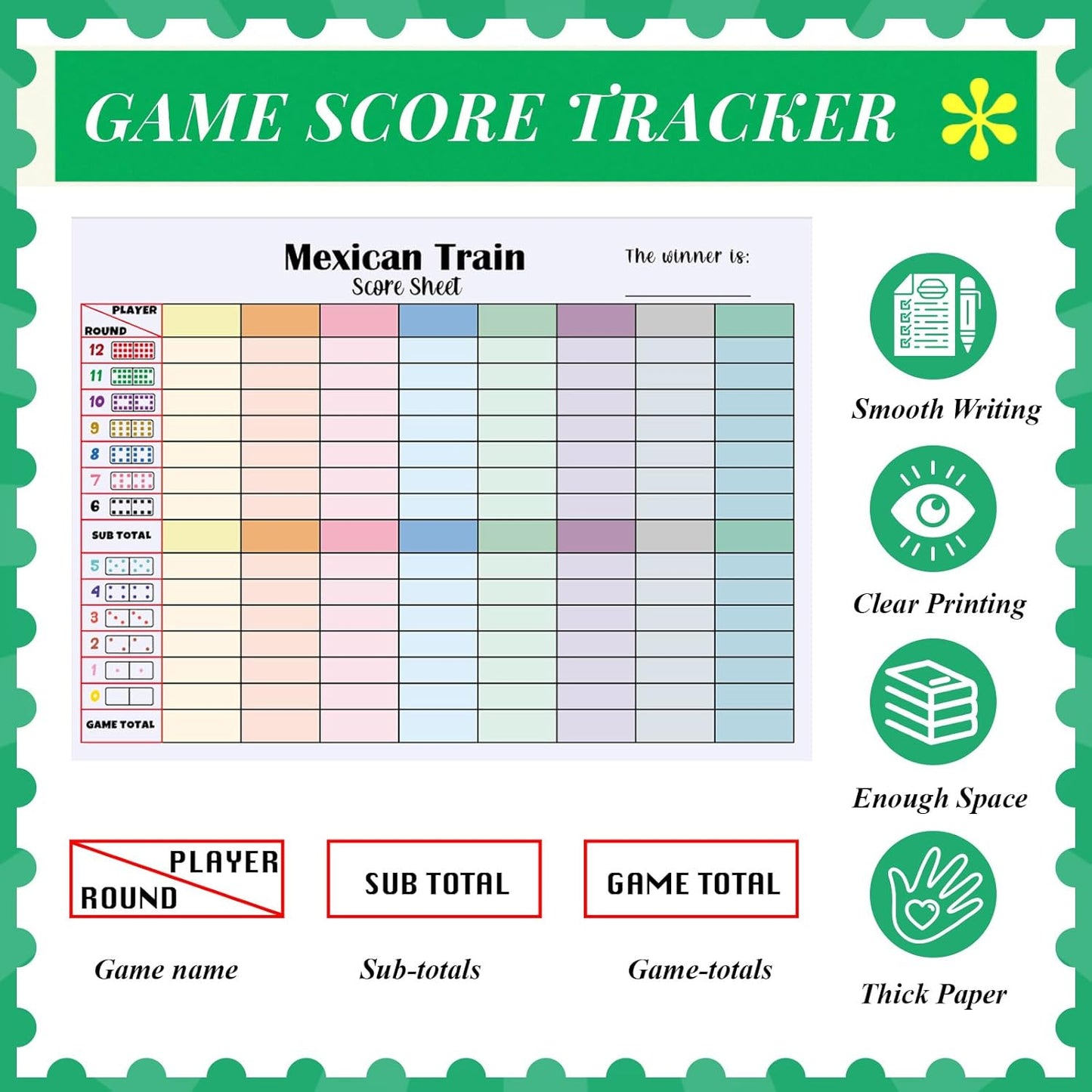 1 Pack 60 Sheets Mexican Train Score Pads Colorful Chicken Foot Dominoes Game Scorepad Adult Mexican Train Score Sheet Scoreboard Paper Record Clearly for Family Game (6.7 x 5 Inches)