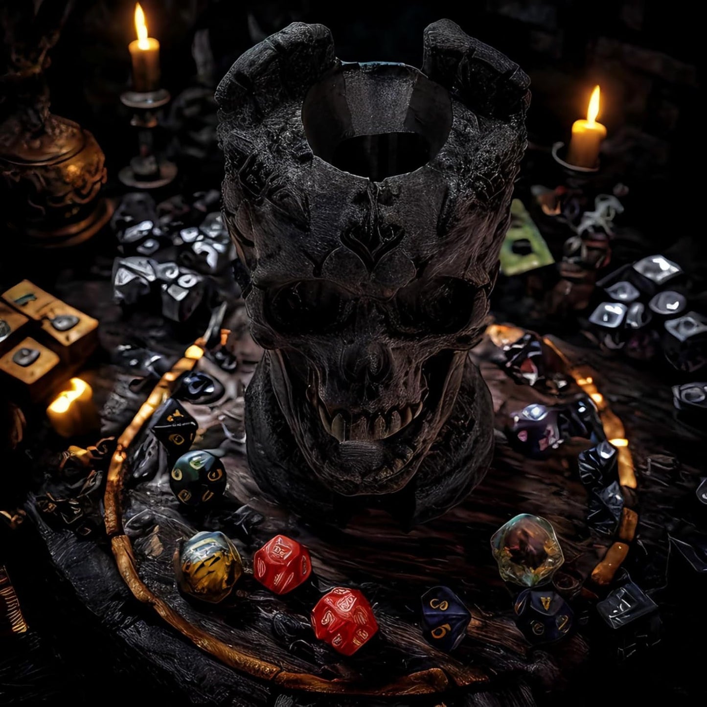 Dark Skull Dice Tower Dungeons and Dragons RPG abletop Roleplaying Game Jail D&D (Random 7PCS D20 Dice Set Included) Black