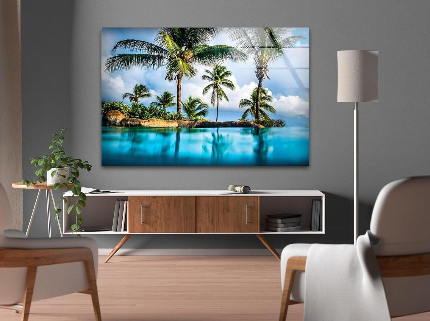 My Photostation.com 20Wx14H'' Island & Blue Sea Glass Wall ArtTempered Glass Printing Wall Decor Large Wall Art Wall Hangings