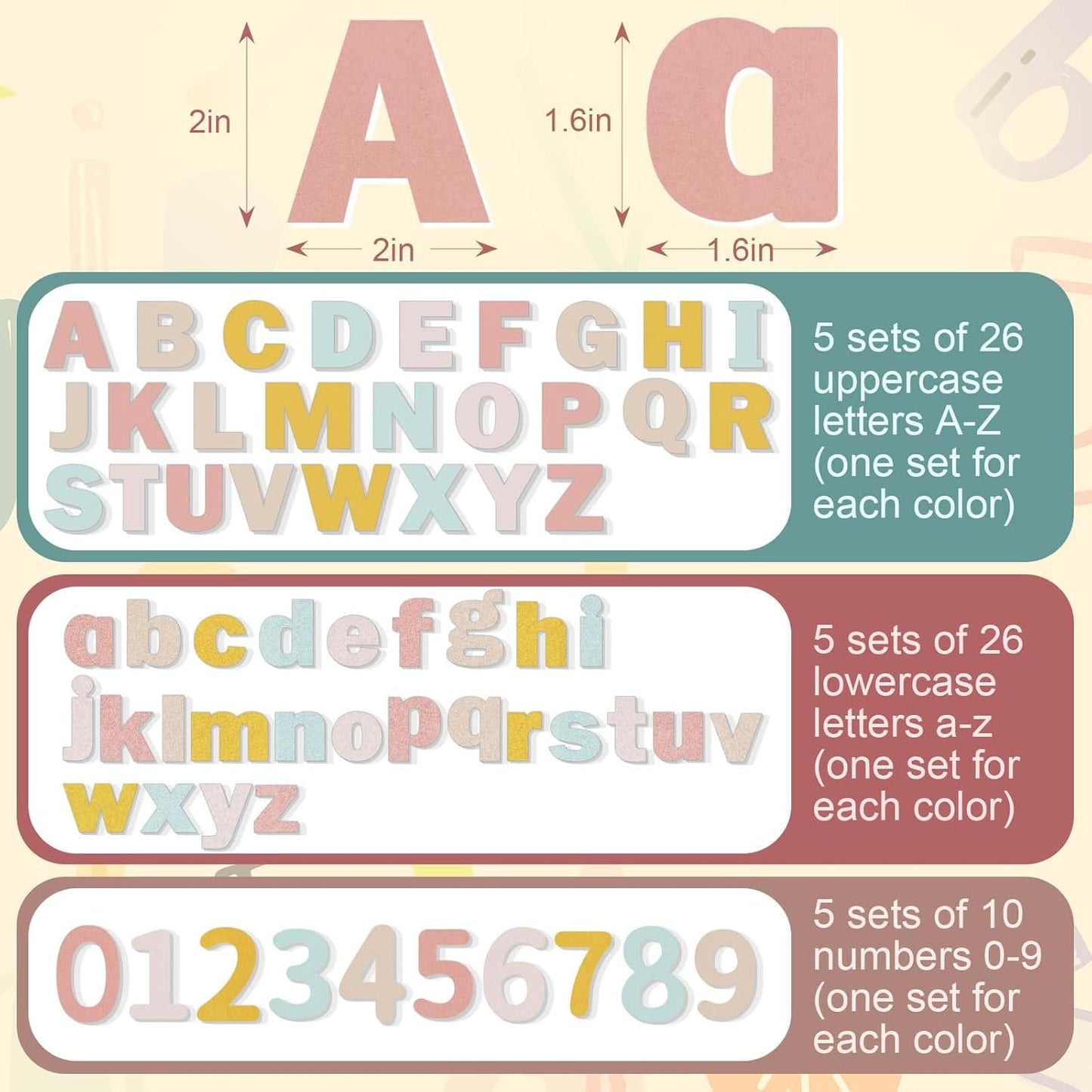 Breling 310 Pieces Felt Bulletin Board Letters Sticker with Number, 2" Bulk Self Adhesive ABC Upper Lowercase Sticky Letter for Christmas Gift Poster Bulletin Board Classroom(Boho Color)