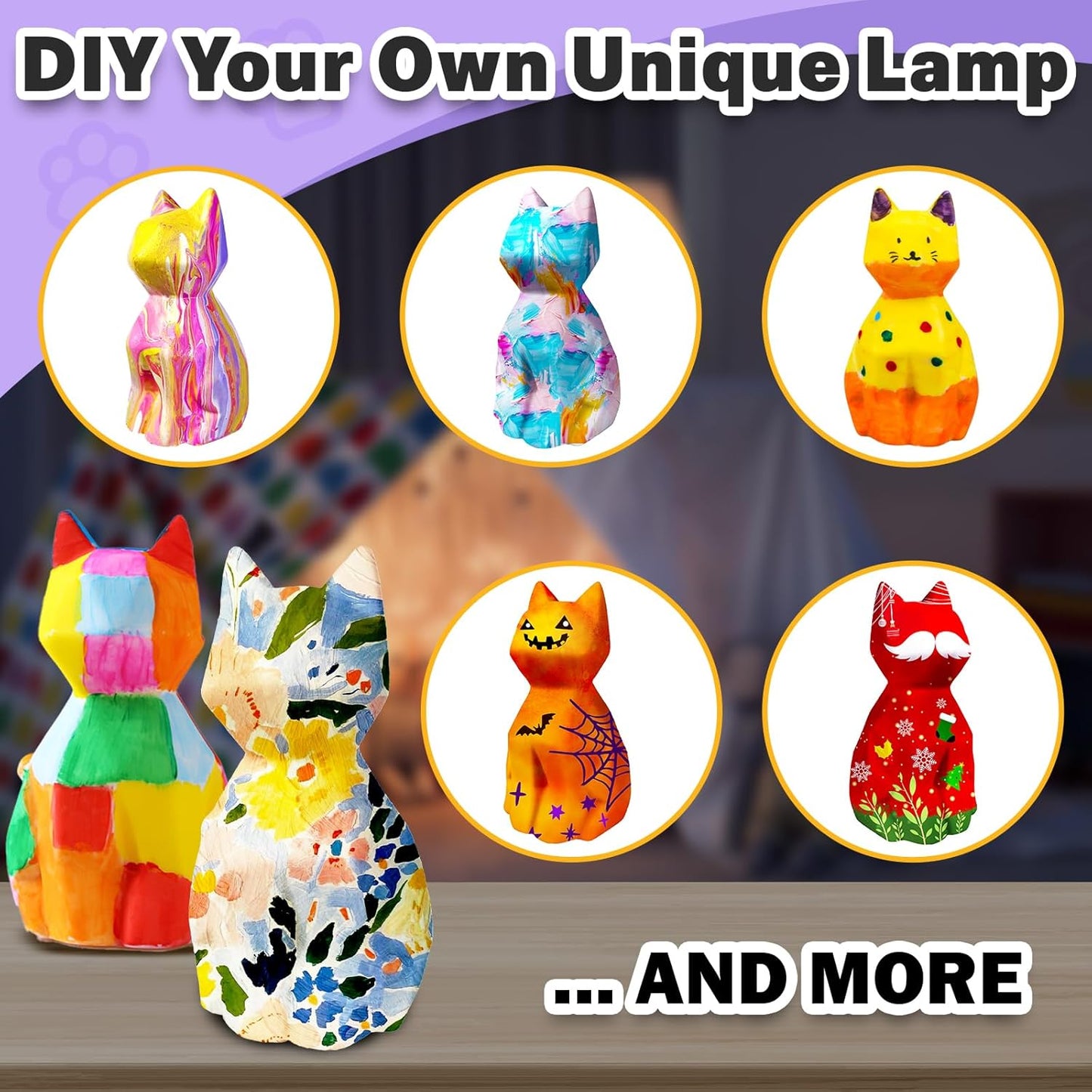 FUNZBO 2pcs Paint Your Own Cat Lamp - Halloweens Arts and Crafts Supplies Kitten Painting Kits for Kids Teens, DIY Night Light Toy for Toddlers Girls Boys Ages 3 4 5 6 7 8 9 10 11 12 13 Birthday Gifts