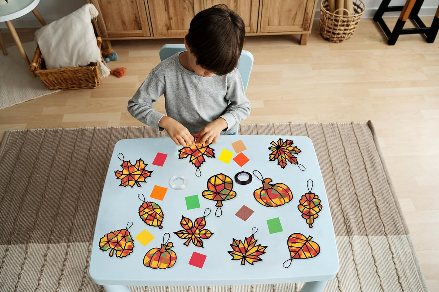 Renbuzhu 40PCS Fall Crafts Bulk: Leaves Pumpkins Paper Suncatchers DIY Kit for Autumn Thanksgiving Activities Decorations, Window Stained Glass Effect Art Supplies(Black Frame)