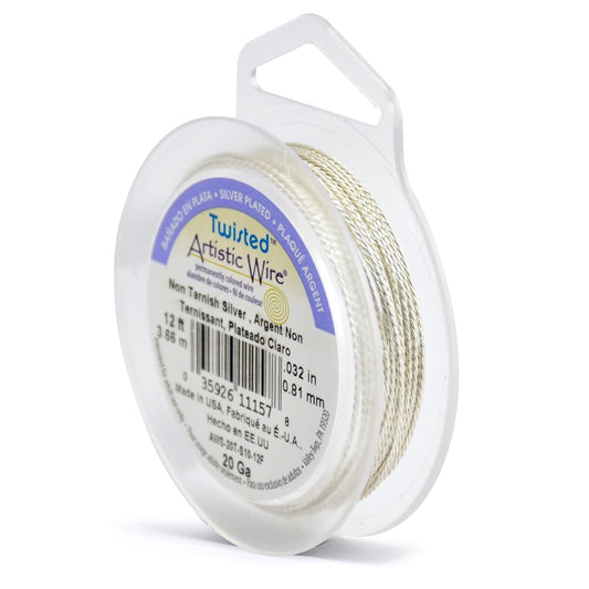 Artistic Wire, 20 Gauge / .81 mm Silver Plated Tarnish Resistant Colored Copper Craft Wire, Round Twist, Tarnish Resistant Silver, 12 ft / 3.65 m