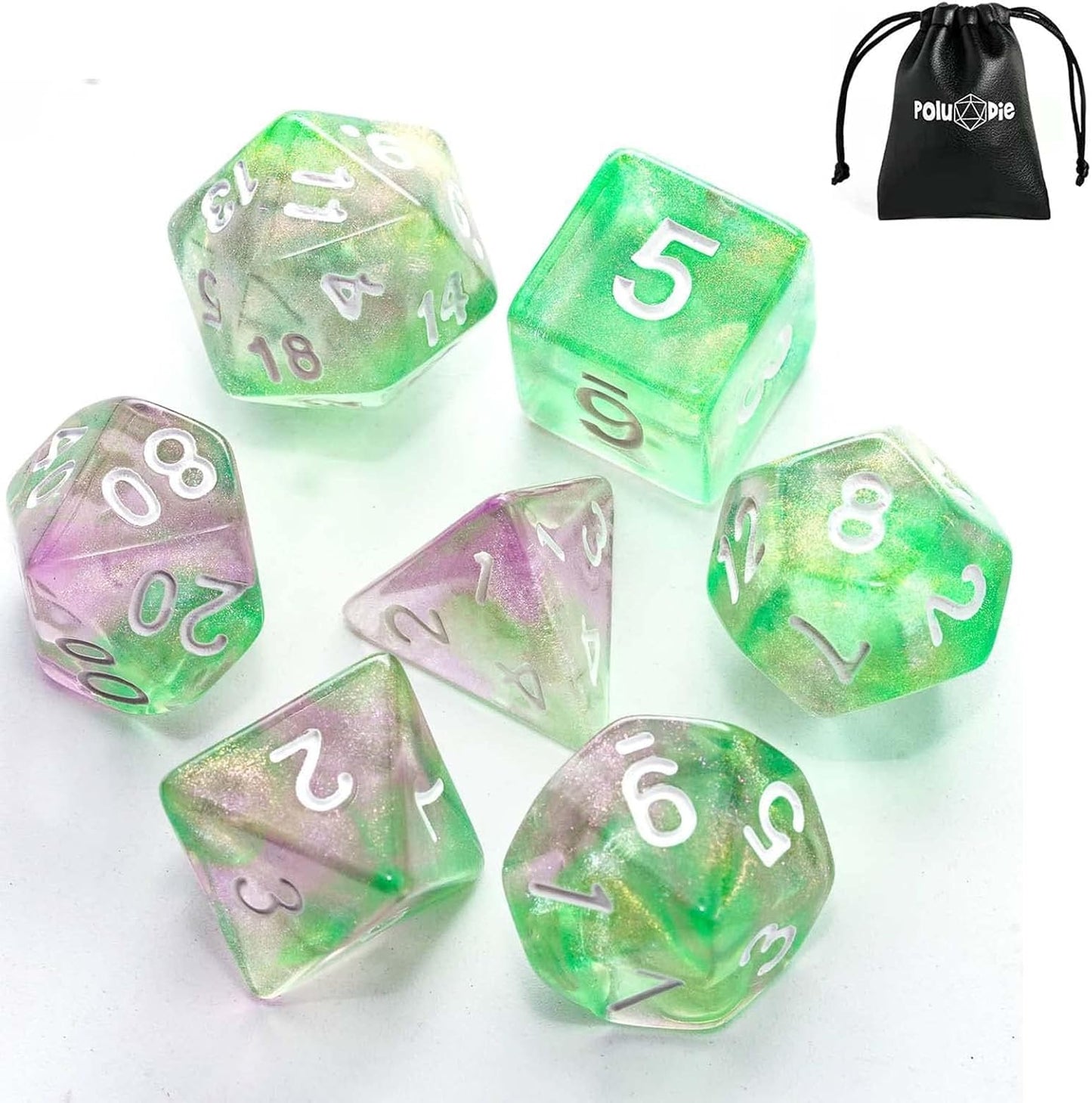 7-Die DND Dice Set Polyhedral Dice Set with a Leather Dice Bag, D&D Dice Set for Dungeons and Dragons, RPG Table Games (Green Pink/Glitter)
