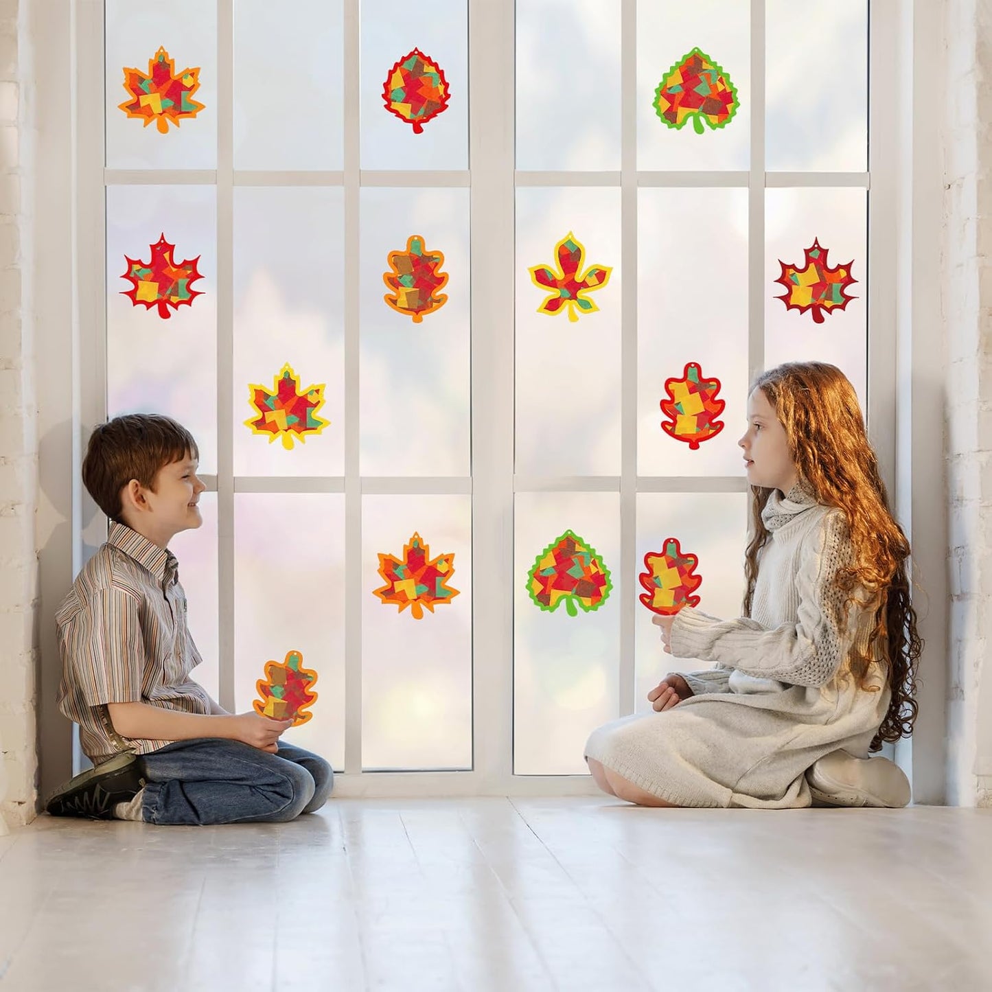 Renbuzhu 40PCS Fall Crafts Bulk: Leaves Paper Suncatchers DIY Kit for Autumn Thanksgiving Activities Decorations, Window Stained Glass Effect Art Supplies(Colorful)