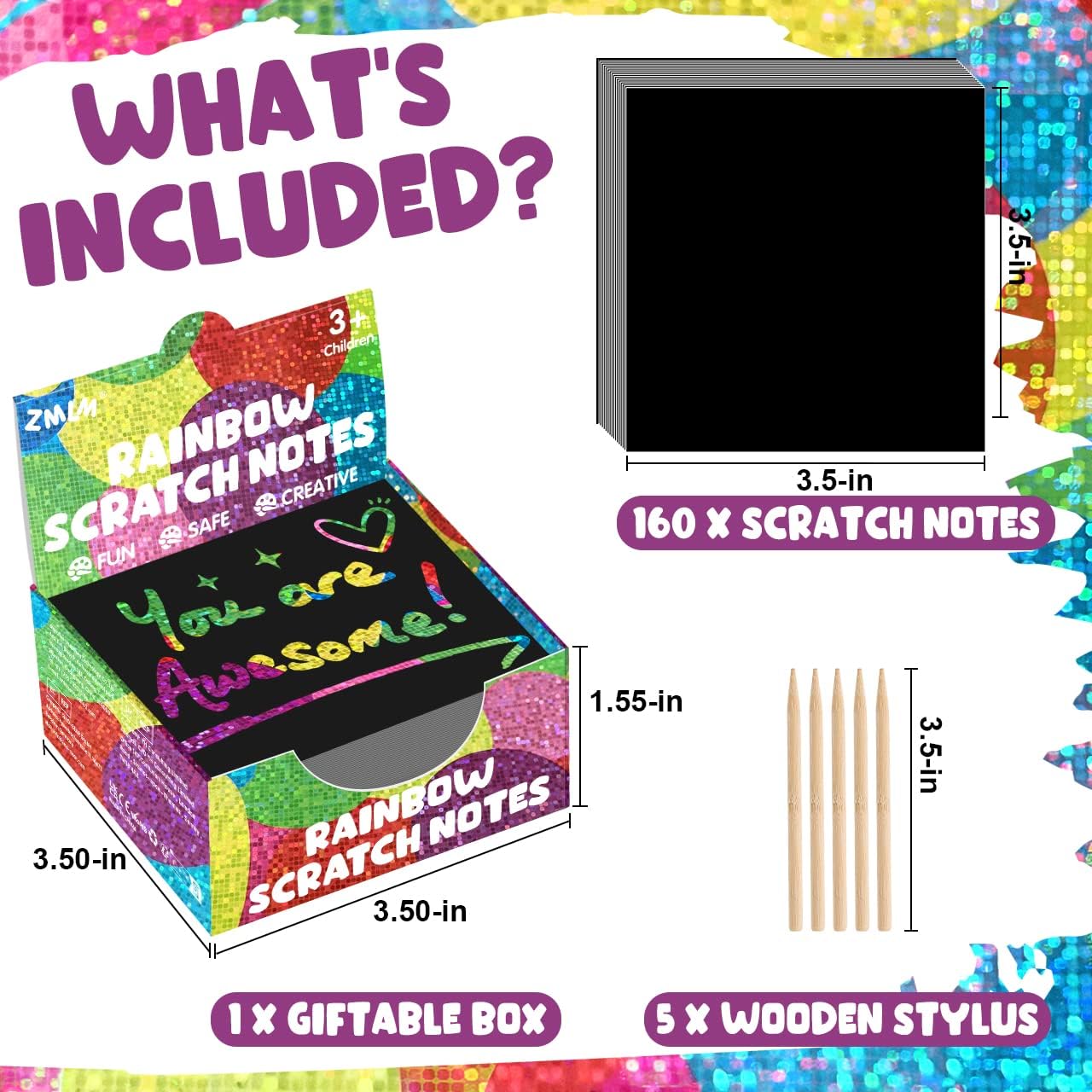 ZMLM 165 Rainbow Scratch Paper Art Crafts Mini Notes Kids Gifts 4 5 6 7 8 9 10 Years Old Girls Boys Students Teens Classroom Prizes School Supplies Birthday Party Travel Toy Gift(Holographic)