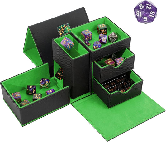 Dice Tower & Tray Storage Box, 3 in 1 Dice Holder Case (Rolling Tower Dice Storage Drawers, Rolling Tray), Leather Magnetic Closure DND Accessories Gifts for RPG MTG, Black/Green