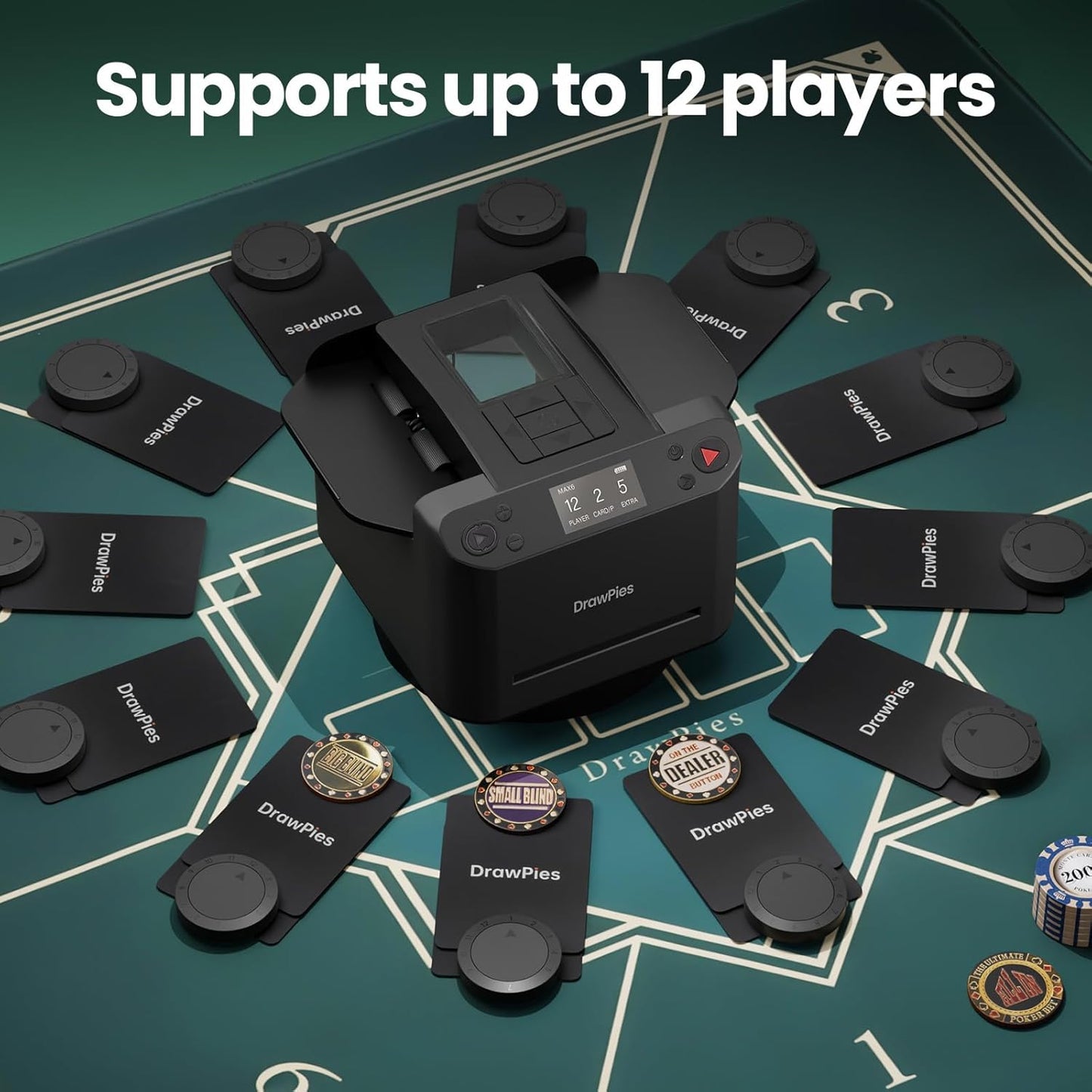 Automatic Card Shuffler and Dealer 2-in-1 Machine Set, 1-12 Player, Rotatable 360°, Remote Card Calling, Ultra Quiet, Rechargeable, 12 Remote Controls, 2 Decks of Cards, 1 Poker Table Top