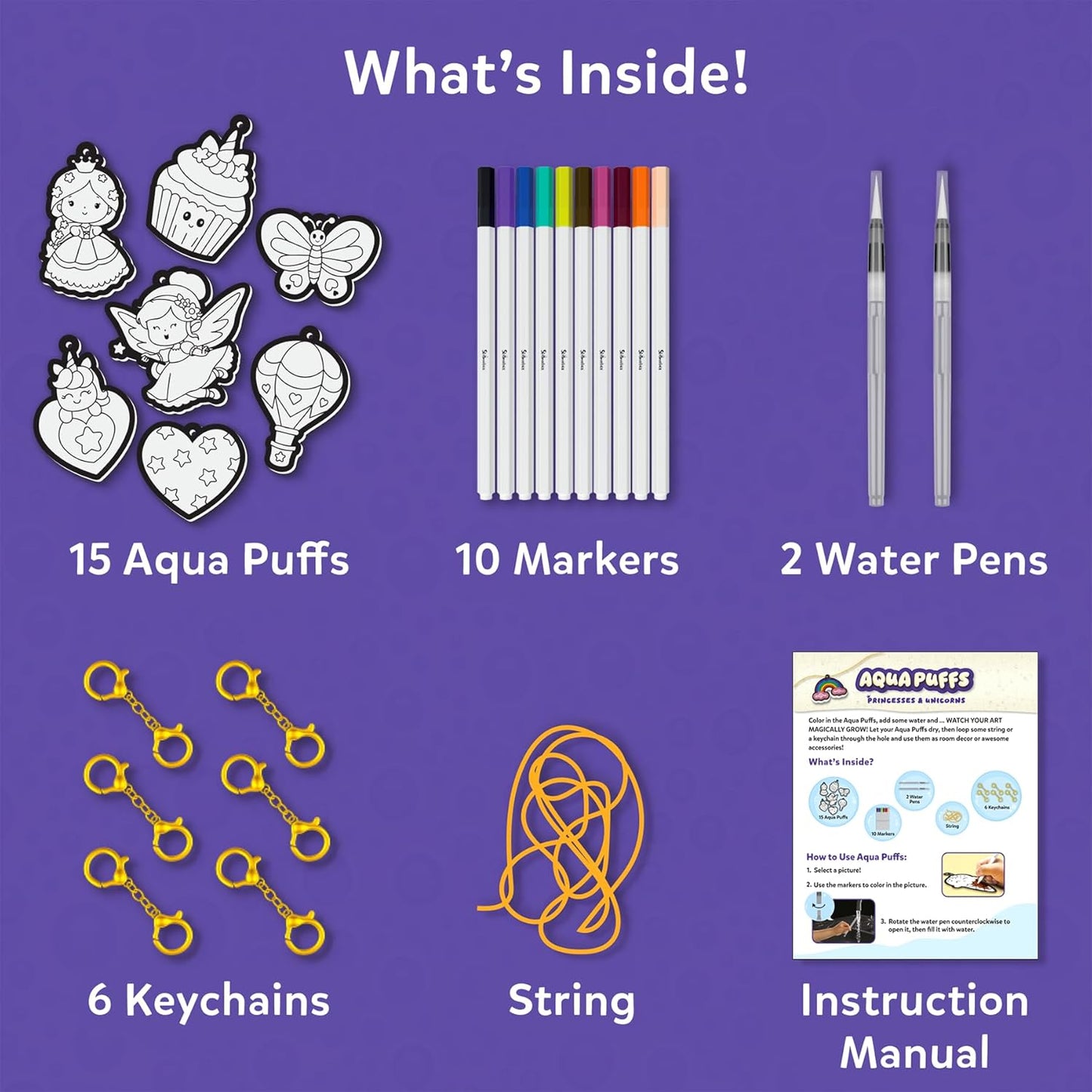 Skillmatics 3D Art Kit - Aqua Puffs Princesses & Unicorns, Mess-Free Paint by Number Craft for Kids, DIY Color & Inflate Activity, Travel & Creative Gift for Girls & Boys Ages 4, 5, 6, 7, 8, 9, 10