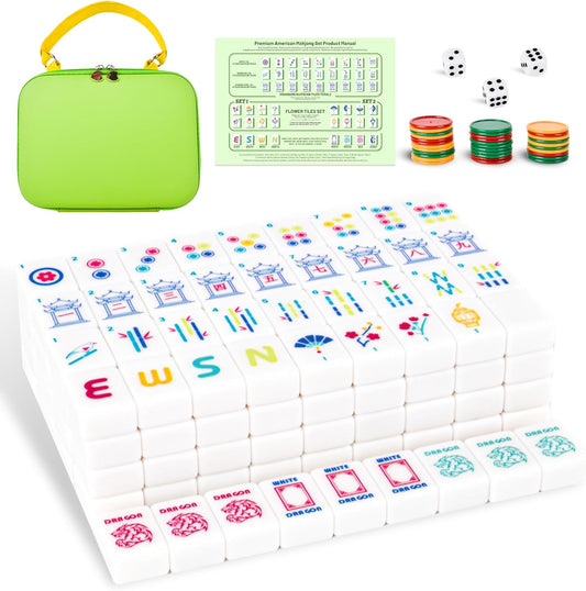 Mahjong Tile Set Equipped with Mahjong Instructions, 166 Quality White Engraved Tiles, 1.2 inch American Mahjong Tiles Set with Carrying Bag/Dice/Chips, Creative Design Patterns, Ideal Mahjong Gifts