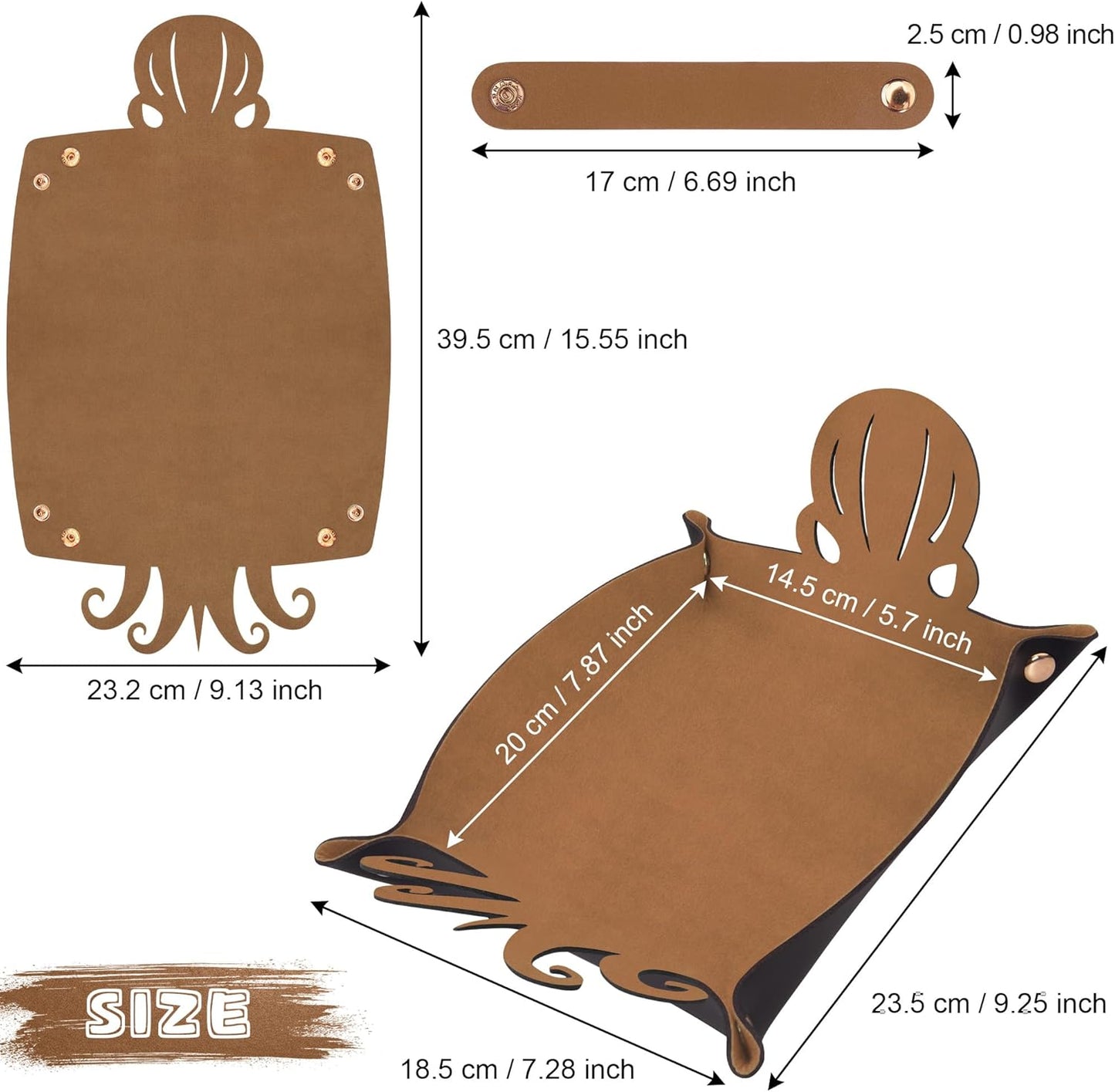 SIQUK 2 Pieces Octopus Dice Rolling Tray PU Leather Dice Mat Folding Scroll Dices Holder Trays for D&D RPG Games (Camel, Black)