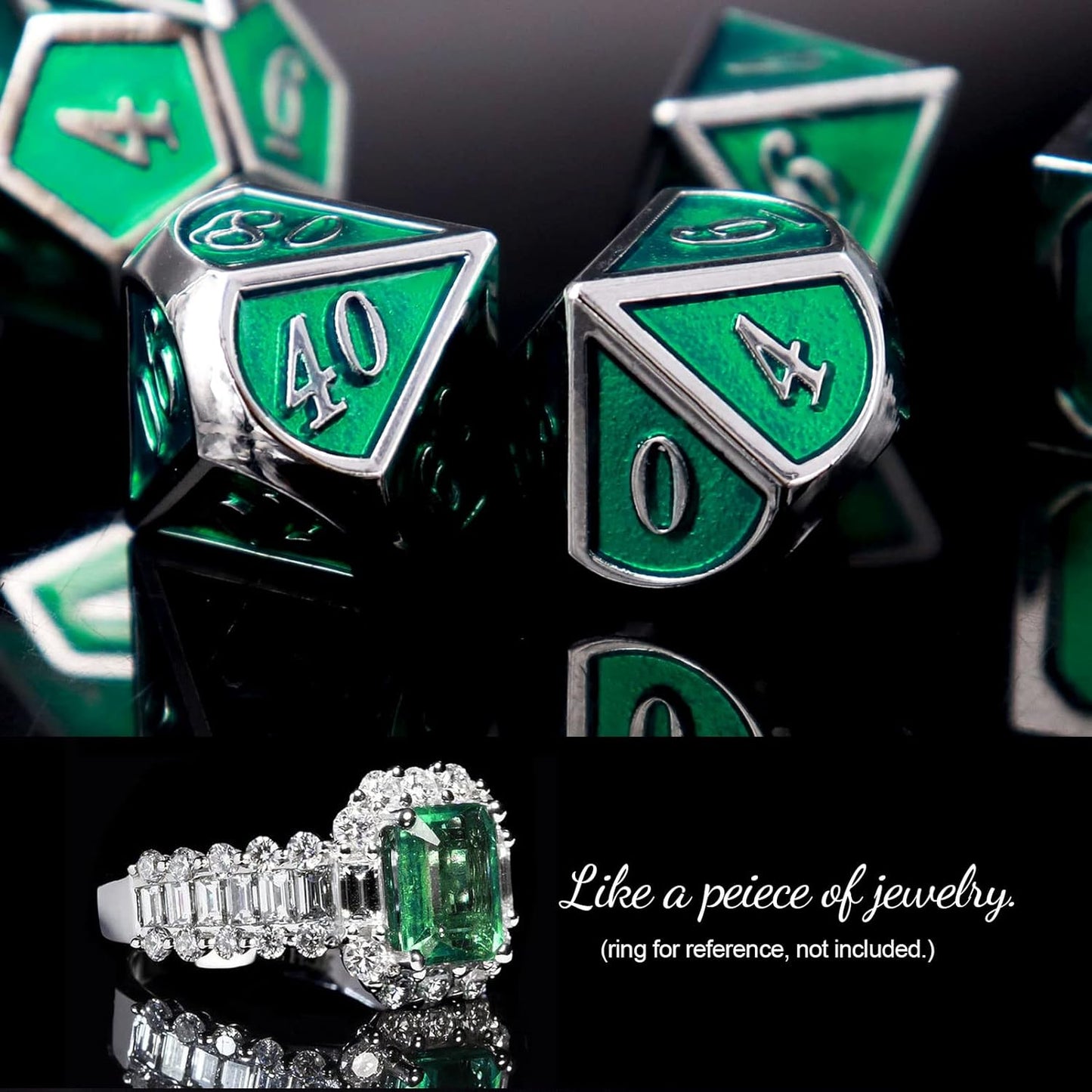 Haxtec 7 Die Metal DND Dice Set Green Elven Goblin D&D Dice Set Compatible with Dungeons and Dragons RPG Gaming-Silver Emerald Green Elvish Dice