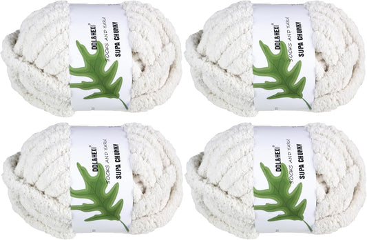 DDL&HEXI 4 Pack Super Chenille Chunky Yarn for Hand Knit, Blanket Making Kit, Jumbo Knitting, 4x8oz (226g) per Bag, Soft Polyester for Crochet, Knitting, and DIY Projects (White-4)