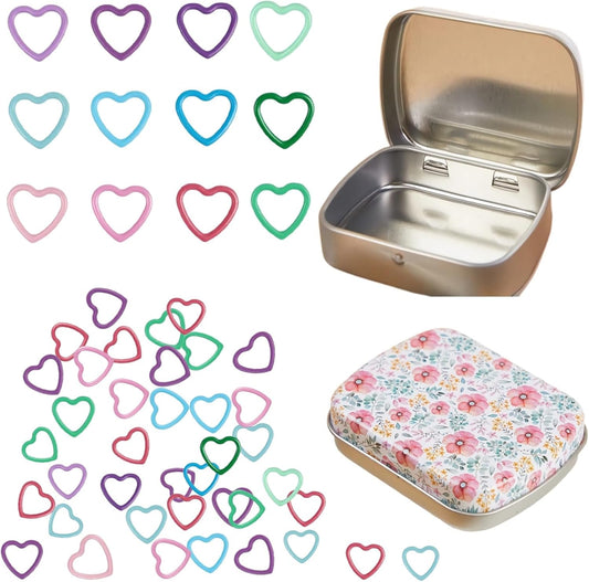 Hilsayum 50Pcs Heart Shape Stitch Markers for Crocheting,Crochet Stitch Markers with Floral Design Small Tin Box