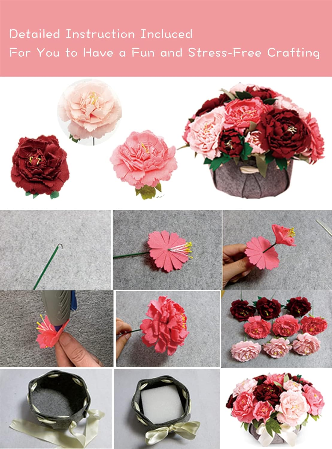 BAZIMA DIY Felt Flower Art Craft Kit, DIY Felt Peony Pot Bonsai Kit,18 Peonies,Floral Gifts