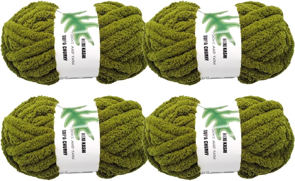 DDL&HEXI 4 Pack Super Chenille Chunky Yarn, Blanket Making Kit, Jumbo Knitting, 4x8oz (226g) per Bag, Soft for Crochet, Knitting, and DIY Projects (Olive Green-4)
