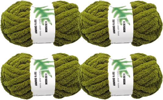 DDL&HEXI 4 Pack Super Chenille Chunky Yarn, Blanket Making Kit, Jumbo Knitting, 4x8oz (226g) per Bag, Soft for Crochet, Knitting, and DIY Projects (Olive Green-4)