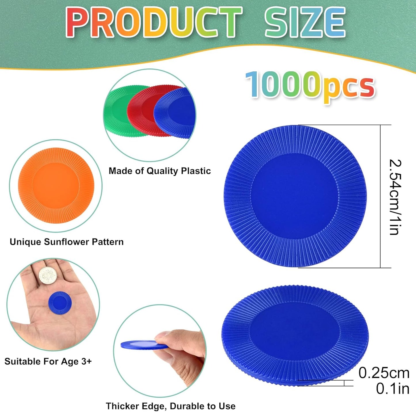 Coopay 1000 Pieces 10 Colors Plastic Poker Chips, 1 Inch Bingo Chips Bulk Learning Counters Disks Poker Card Game, Counting Markers for Math Practice, Game Tokens and Teaching Rewards, 25 mm