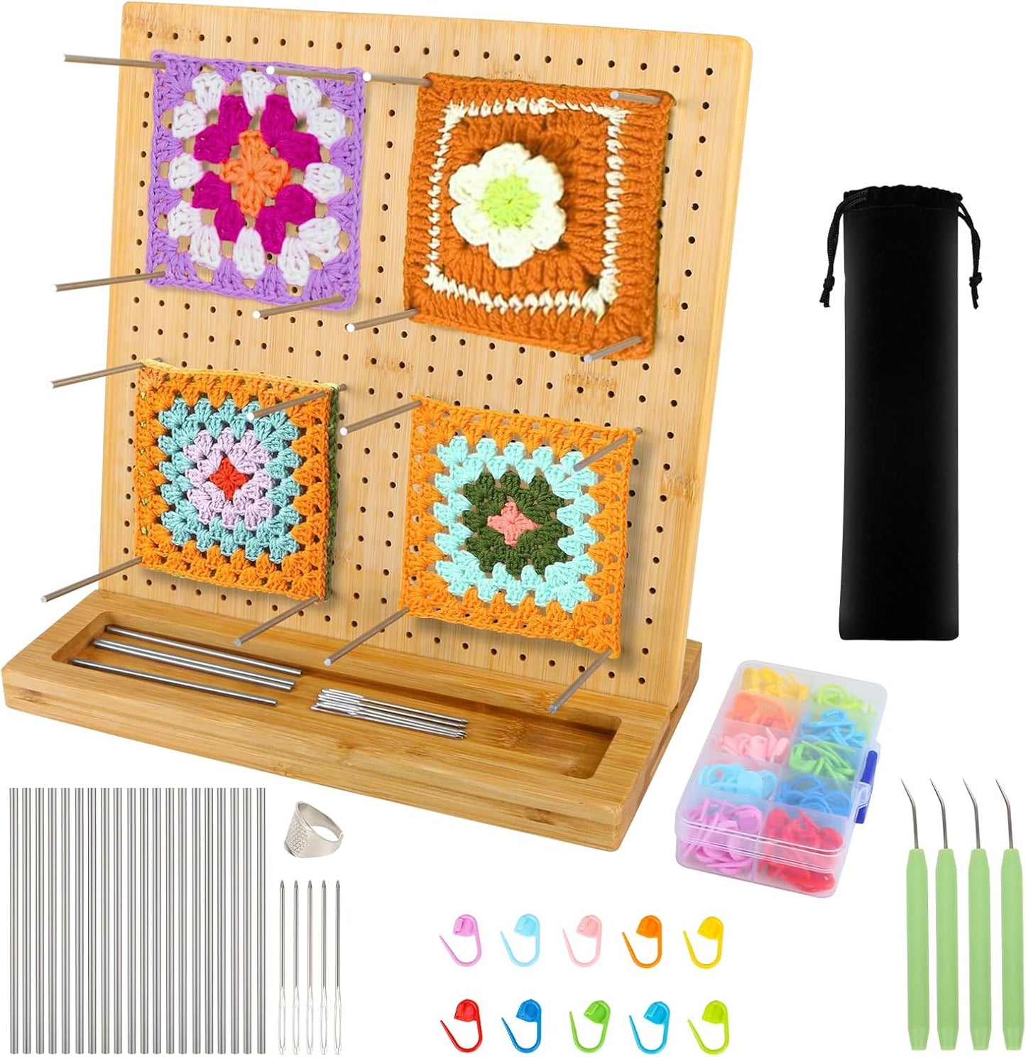 iHansee 11" Crochet Blocking Board with 20 Pegs, 200 Stitch Markers, Bamboo Granny Square Blocking Boards for Crochet Projects, Knitting Crocheting Accessories Kit, Gifts for Crocheters