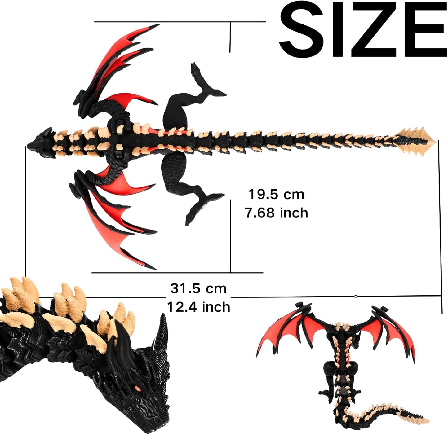 3D Printed Dragon - 12 inch Flying Flexible Dragon with Wings, Home Decor, Birthday Gift, Desk Pet(Red Black-Dragon)(Red Gold-Dragon)