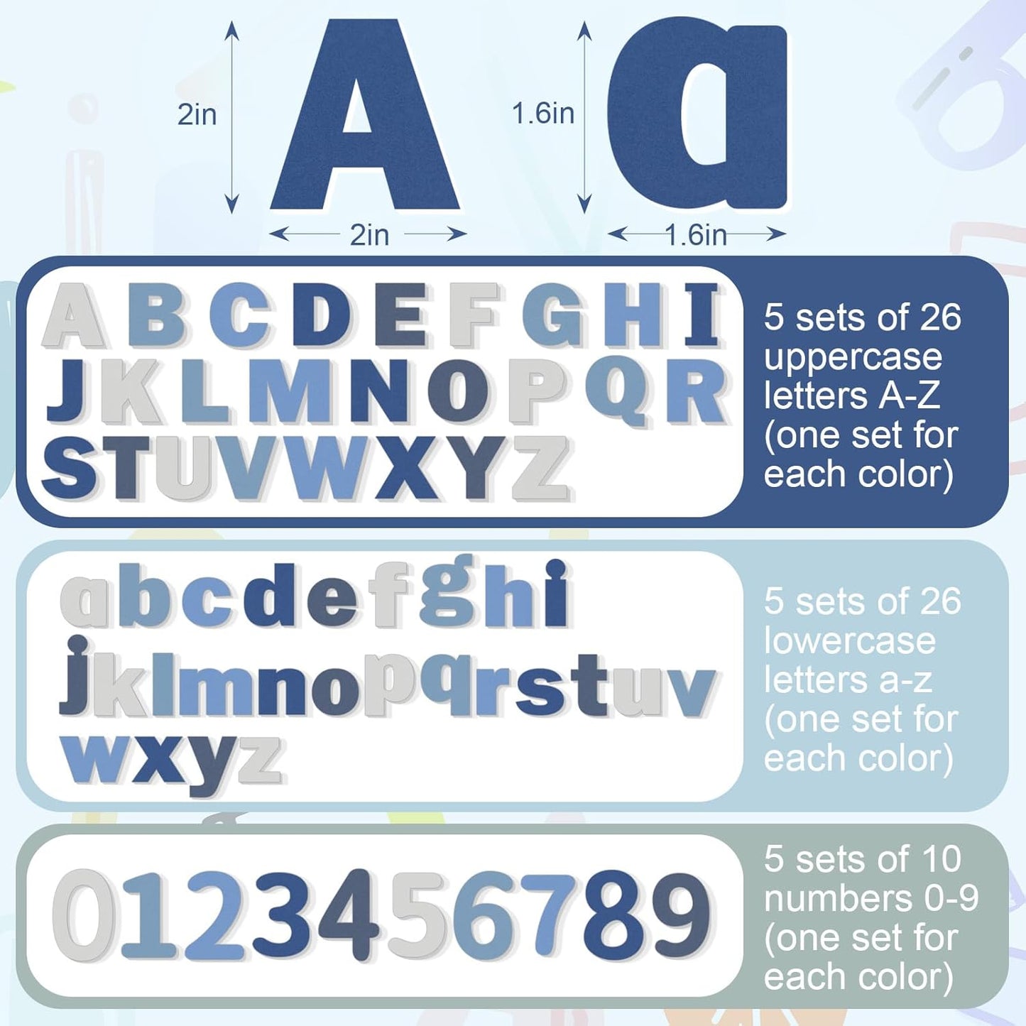 Breling 310 Pieces Felt Bulletin Board Letters Sticker with Number, 2" Bulk Self Adhesive ABC Upper Lowercase Sticky Letter for Christmas Gift Poster Bulletin Board Classroom(Blue Color)