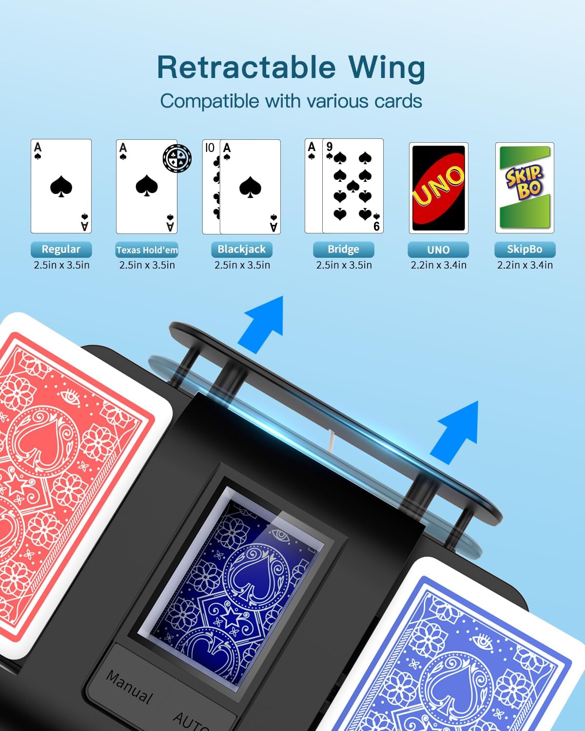 Automatic Card Shuffler, Rechargeable Cards Shuffler Machine with AUTO & Manual Mode, 1-2 Decks Low Noise Electric Shuffling Machine for Poker, UNO, Texas, Blackjack, Skip-Bo, Bridge, Phase 10