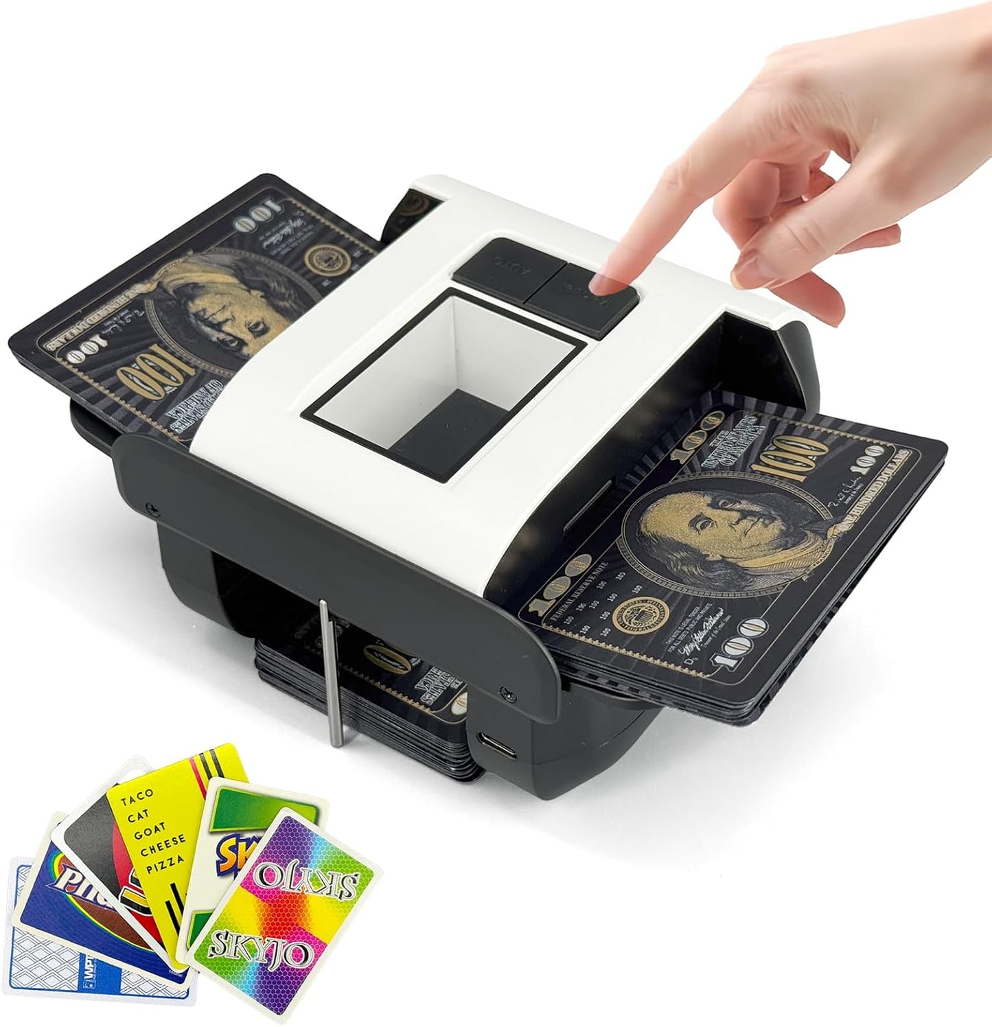 Automatic Card Shuffler,One-Press Auto & Manual Modes,Electric Shuffling for 1-2 Decks,Low Noise,Rechargeable & Portable,Ideal for Poker,UNO,Blackjack,Skip Bo,Phase 10,Crazy 8 (Black)