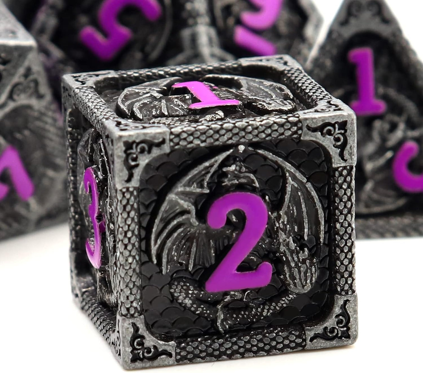 Haxtec Metal DND Dice Set Black Purple Dragon Pattern D&D Dice Set with Leather Dice Bag Metal Polyhedral Dice Compatible with Dungeons and Dragons TTRPG Gifts