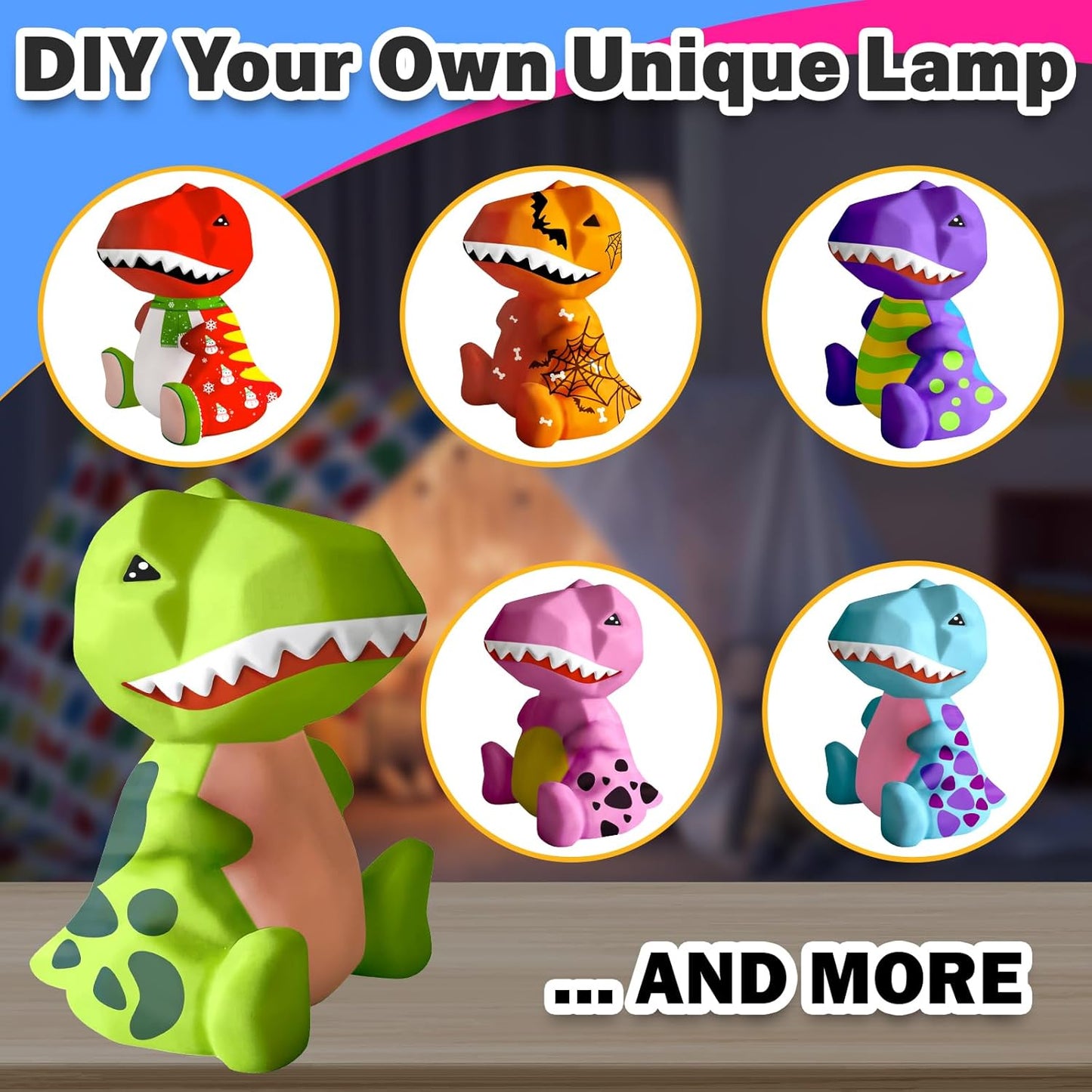 FUNZBO 4.3in Paint Your Own Dinosaur Lamp Kit - Halloweens Arts and Crafts Supplies Painting Kit for Kids Teens, DIY Night Light Dinosaur Toys for Boys Girls 3 4 5 6 7 8 9 10 11 12 13 Birthday Gifts