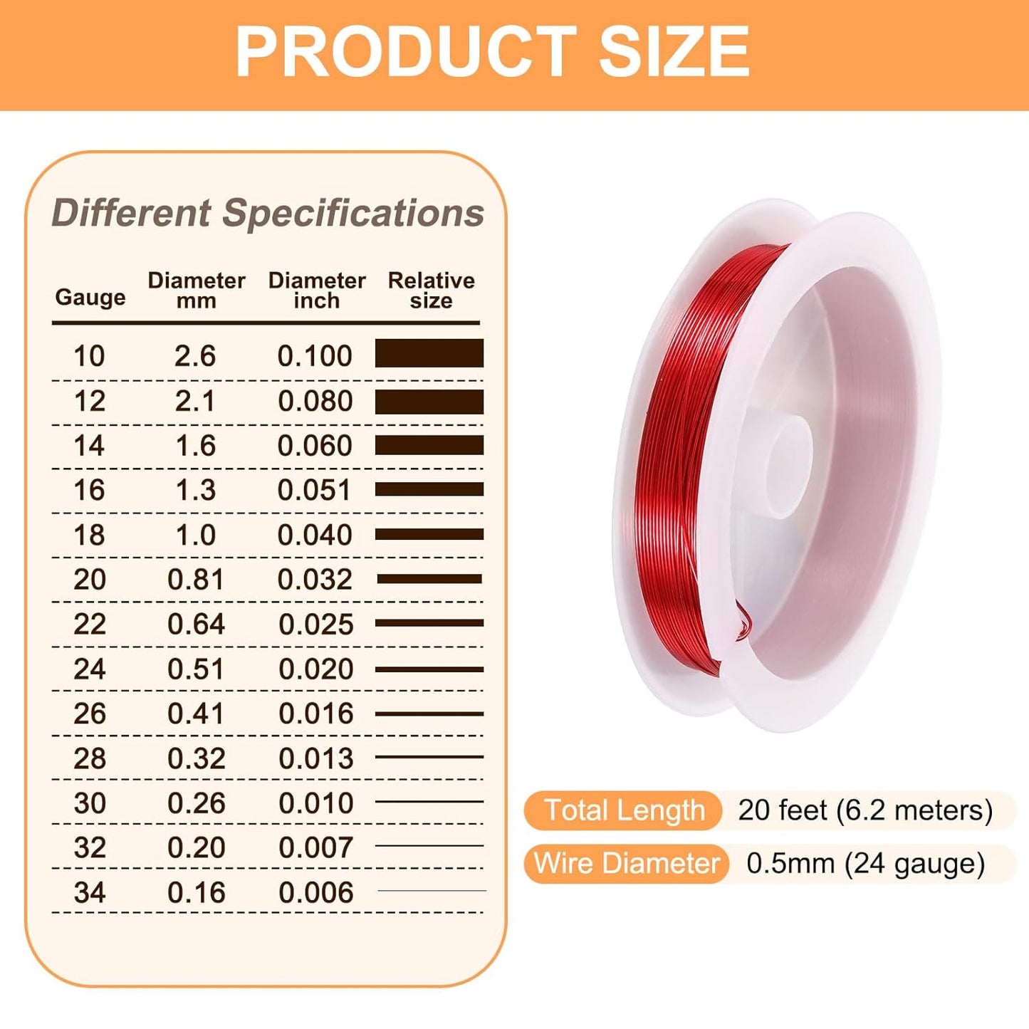 HARFINGTON 20ft Jewelry Wire, 24 Gauge (0.5mm) Brass Craft Soft Metal Tarnish Resistant Copper Beading Wire for Jewelry Making Supplies Crafting, Bright Red