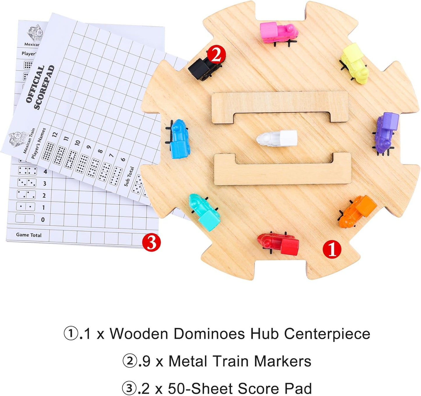 Mexican Train Dominoes Accessories Set with Wooden Hub (Felted Bottom) - Includes 9 Metal Train Markers & 100-Sheet Score Pads - Mexican Train Domino Game Replacement Parts for 2-8 Players Family Game