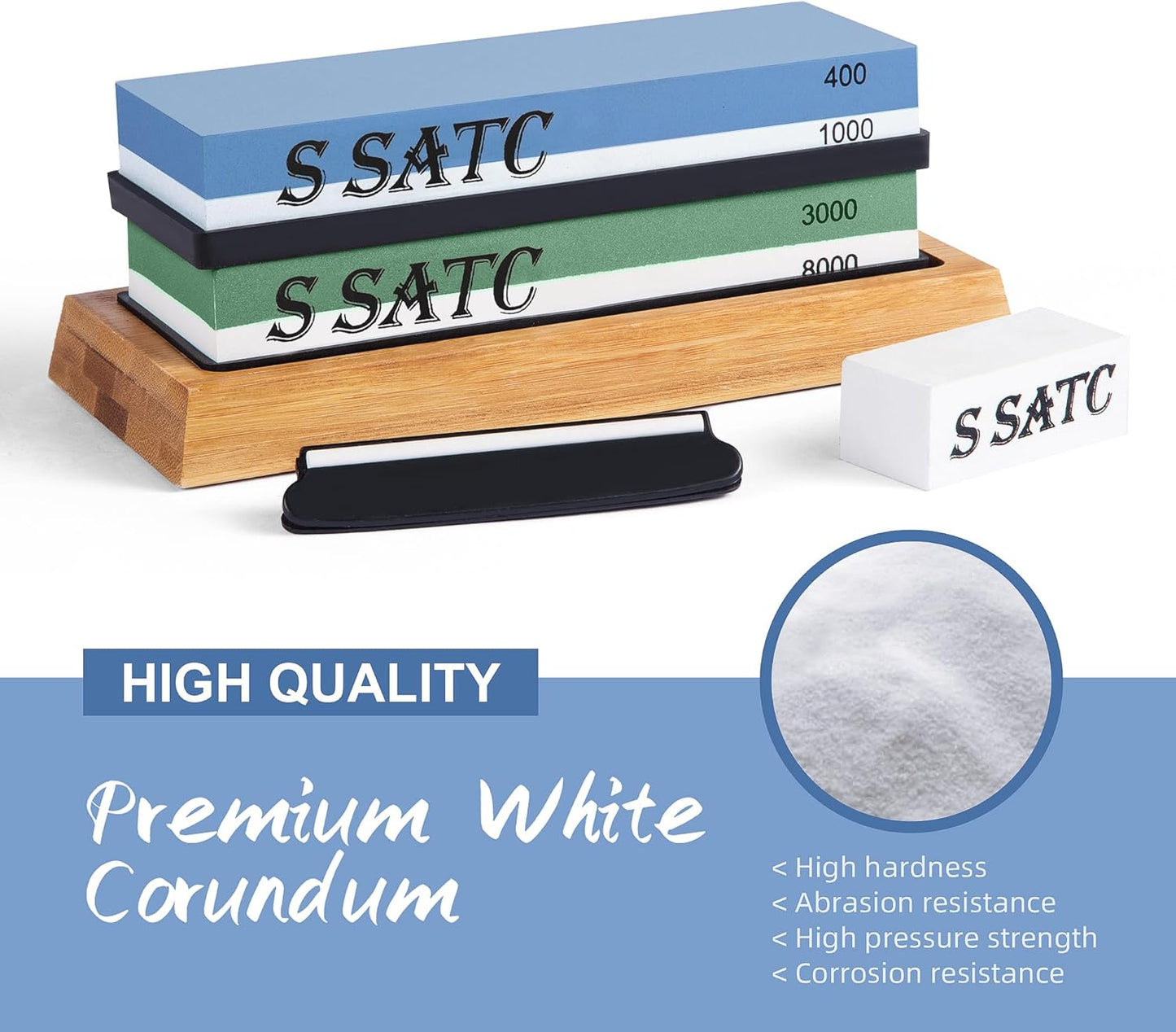 S SATC Knife Sharpening Stone Whetstone 4 Side Grit 400/1000 3000/8000 Stone Knife Sharpeners with Nonslip Rubber Bases, Wood Base, Flattening Stone, and Leather Strop
