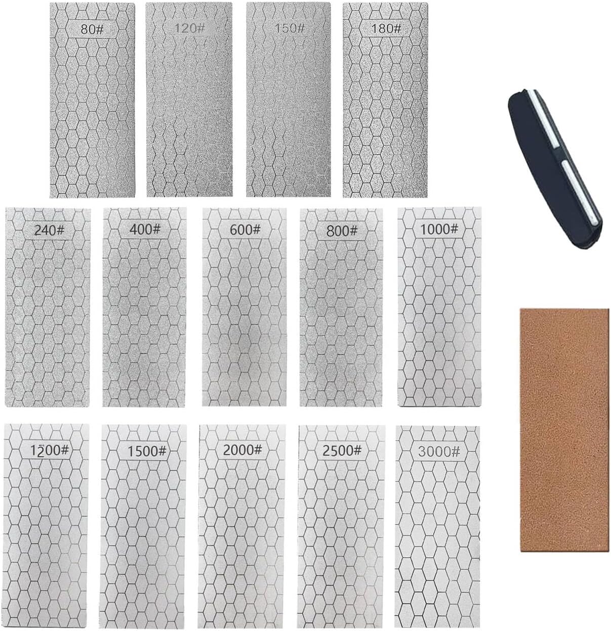 14 Pcs Diamond Sharpening Stone, with Angle Guide and Leather Strop, Knife Sharpener Stone Whetstone Honeycomb Surface Plate with Non-slip Base for Pocket Knives Scissors