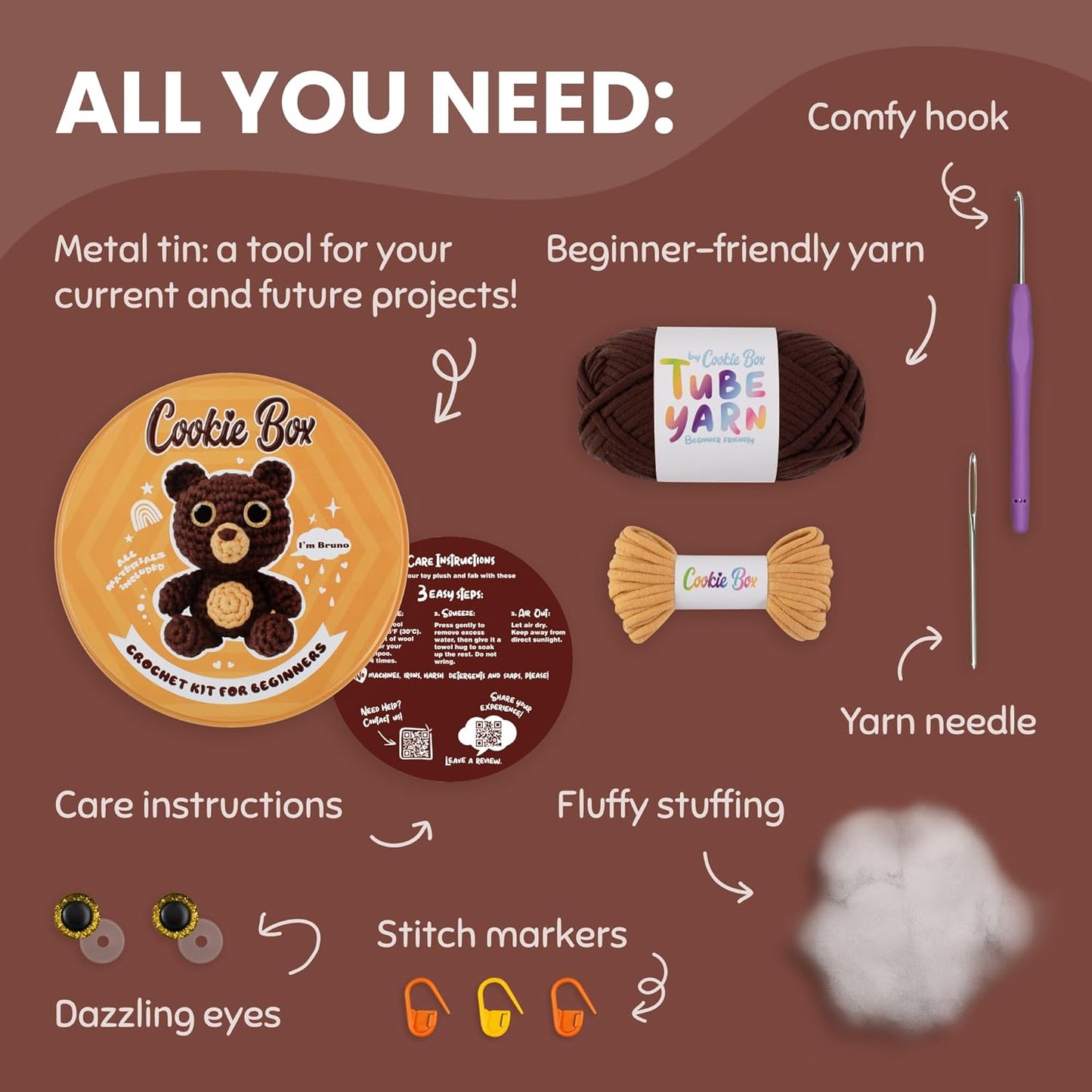 Cookie Box Crochet Kit for Beginners – Gift Set to Make Bear Bruno Amigurumi Plushie – Easy DIY Crochet & Knitting Starter Kit with Video and PDF Tutorials