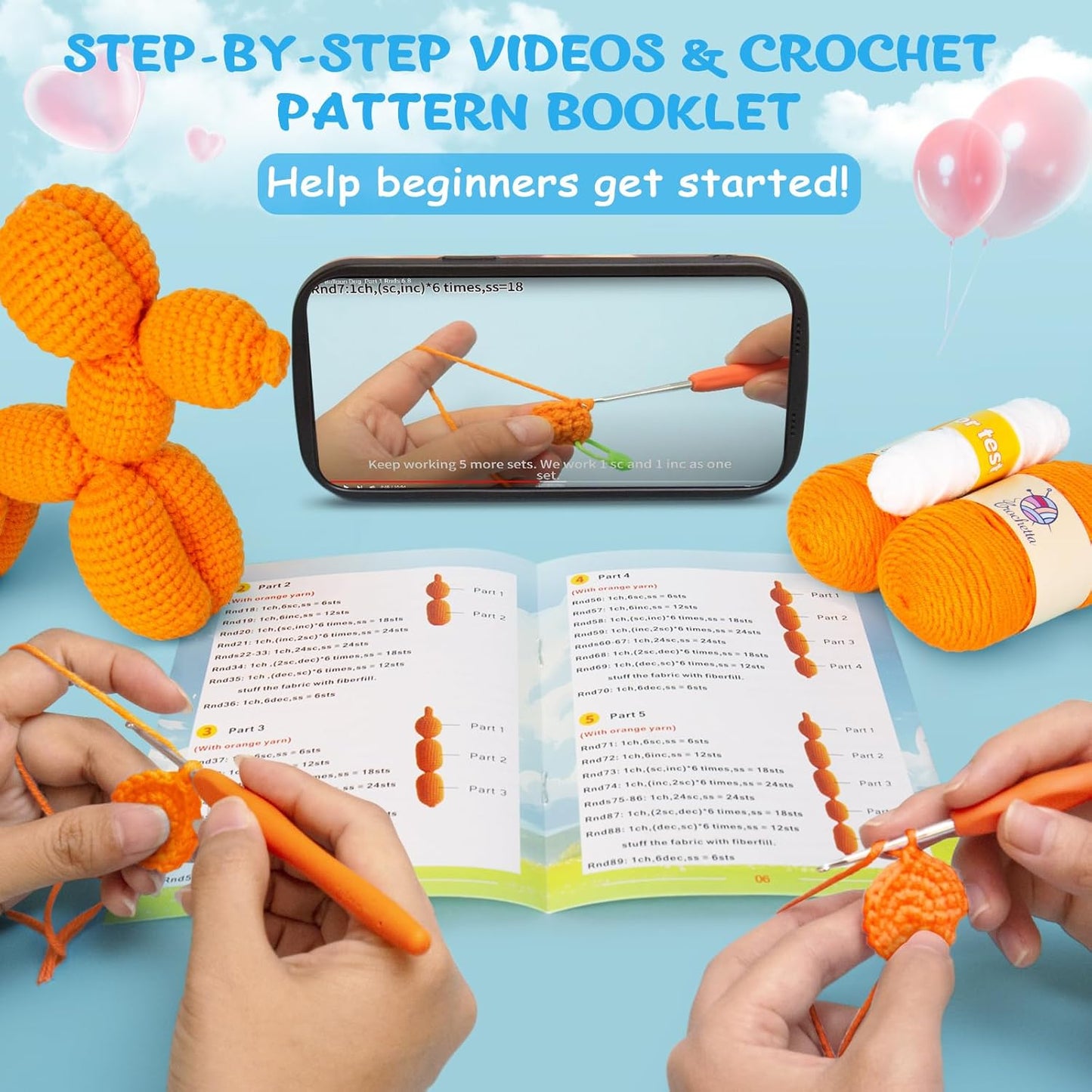Crochetta Crochet Kit for Beginners, Crochet Kit w Step-by-Step Video Tutorials, Crochet Starter Kit Learn to Crochet Kits for Adults Kids Beginners, Vibrant Orange Balloon Dog (40%+ Yarn Content)