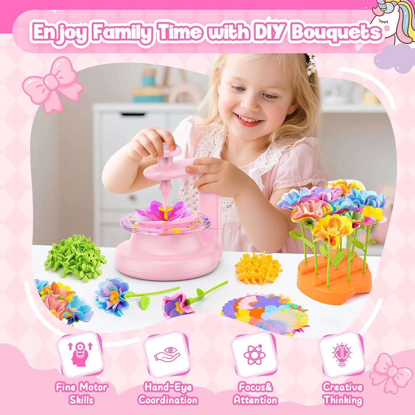 cosone Crafts Kits for Kids Ages 4-8, DIY Fabric Flower Bouquet Kit for 5 6 7 8 Year Girls Unicorn Flower Press Toys Educational Toy Preschool Birthday Gifts for Girls Handmade Activity Set - Pink