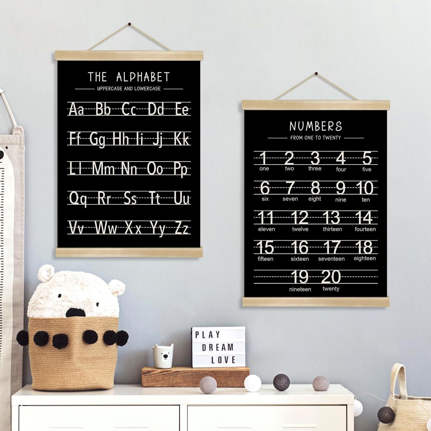 Alphabet and Numbers Wall Chart Set of 2,Kids Educational Posters,ABC and 1-20 Number Learning Banners for Toddlers, Preschool Classroom, Nursery, Playroom Decor14 x 18.5 In(Black and white)