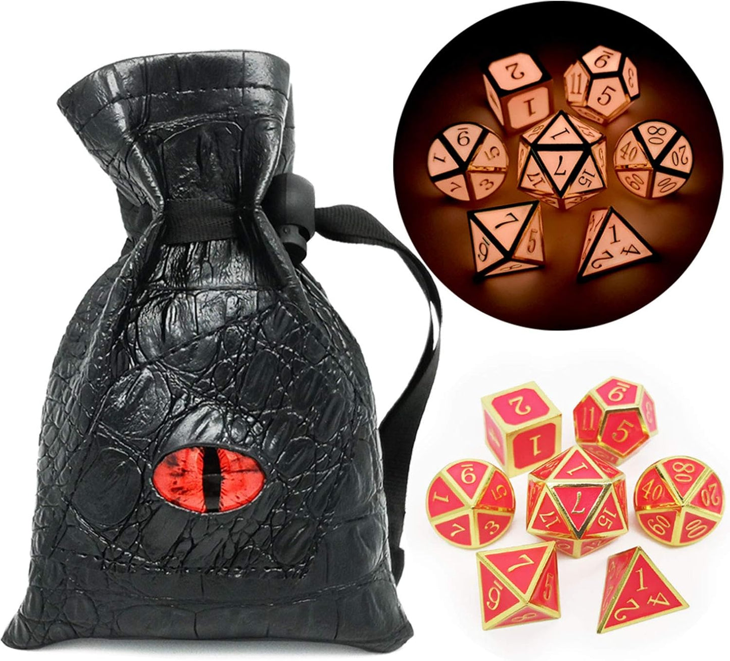 Haxtec Glow in The Dark Metal DND Dice Set Gold Pink D&D Dice Compatible with Dungeons and Dragons-Gold Glowing Red/Cream Pink