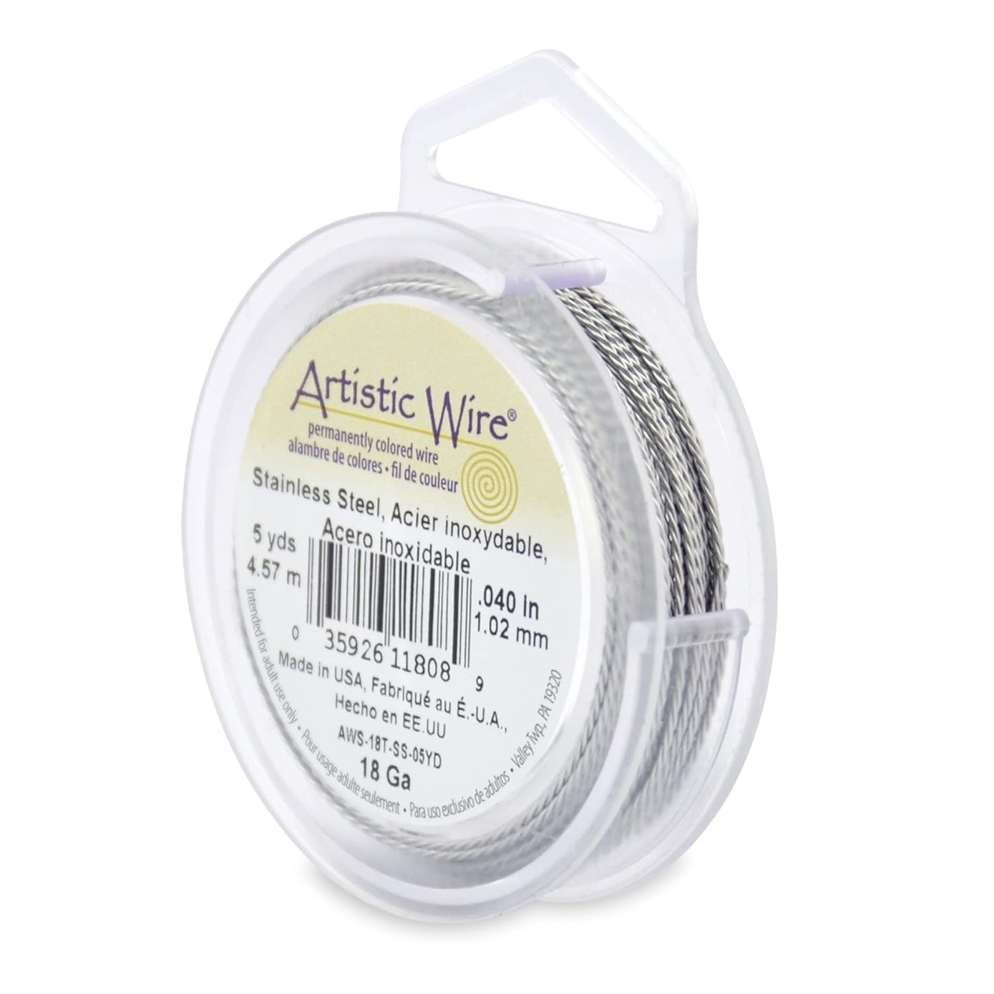 Artistic Wire, 18 Gauge / 1.0 mm Stainless Steel Craft Wire, Round Twist, 5 yd / 4.57 m