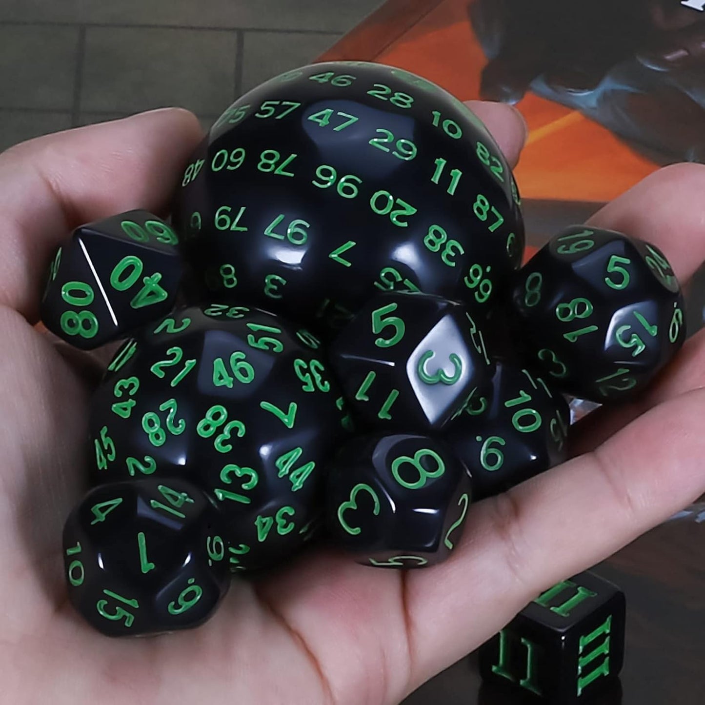 CiaraQ DND Polyhedral Dice Set (15pcs) D4-D100 Game Dice with Dice Bag for Dungeons and Dragons Role Playing Table Games (Black & Green)